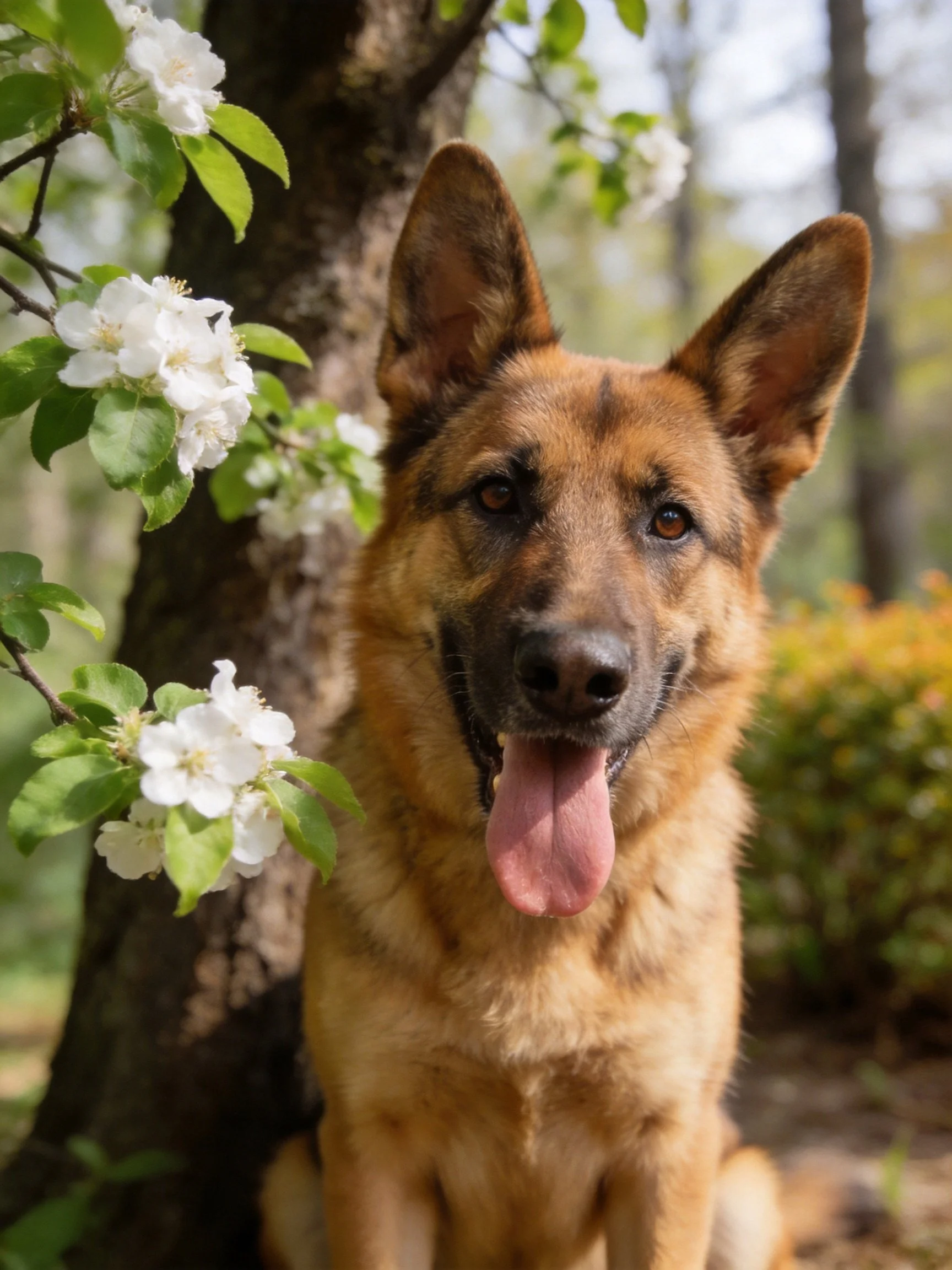 A brown German Shepherd sits by a tree with white blossoms