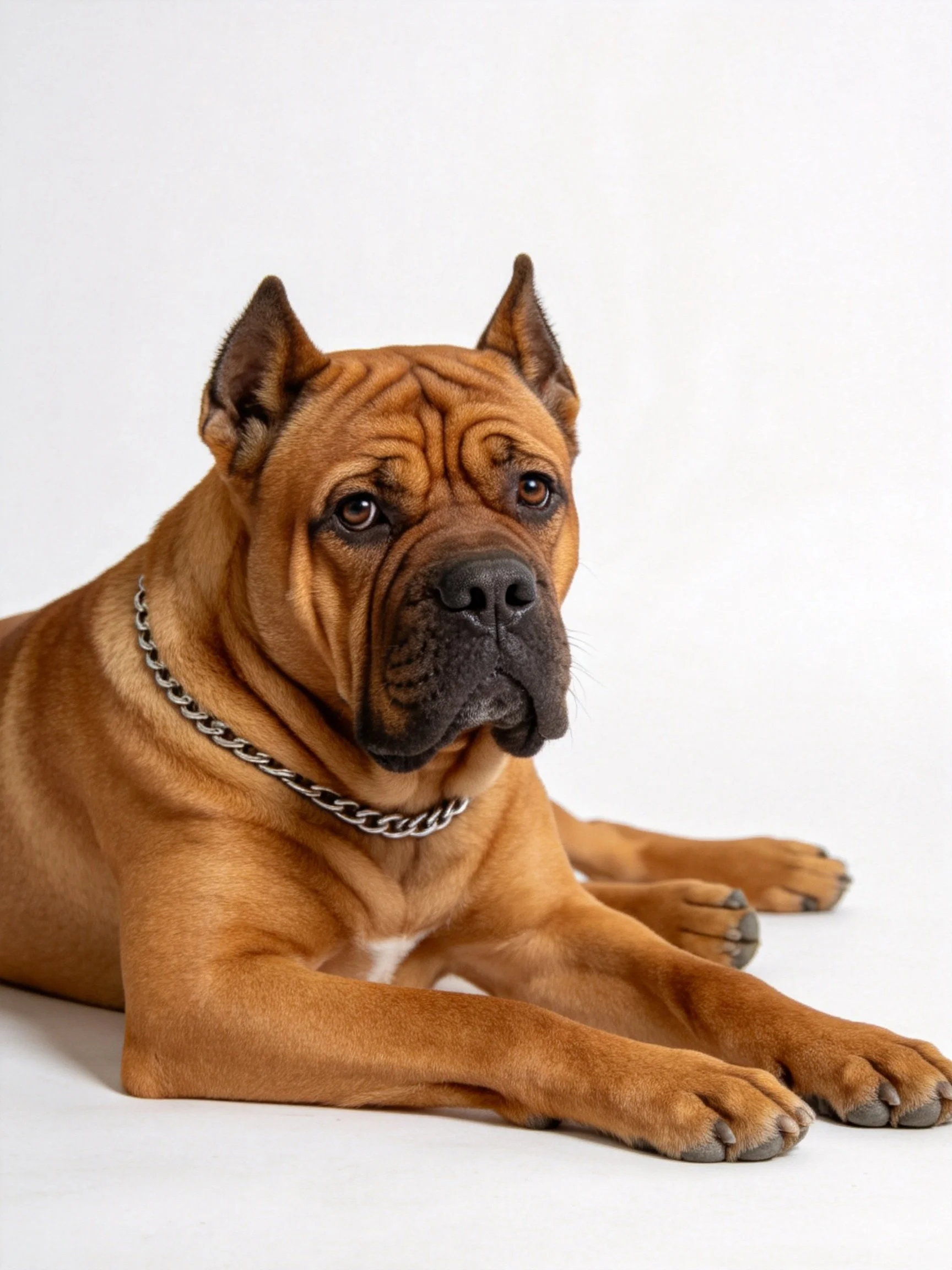 A brown Mastiff dog resting with a silver chain collar