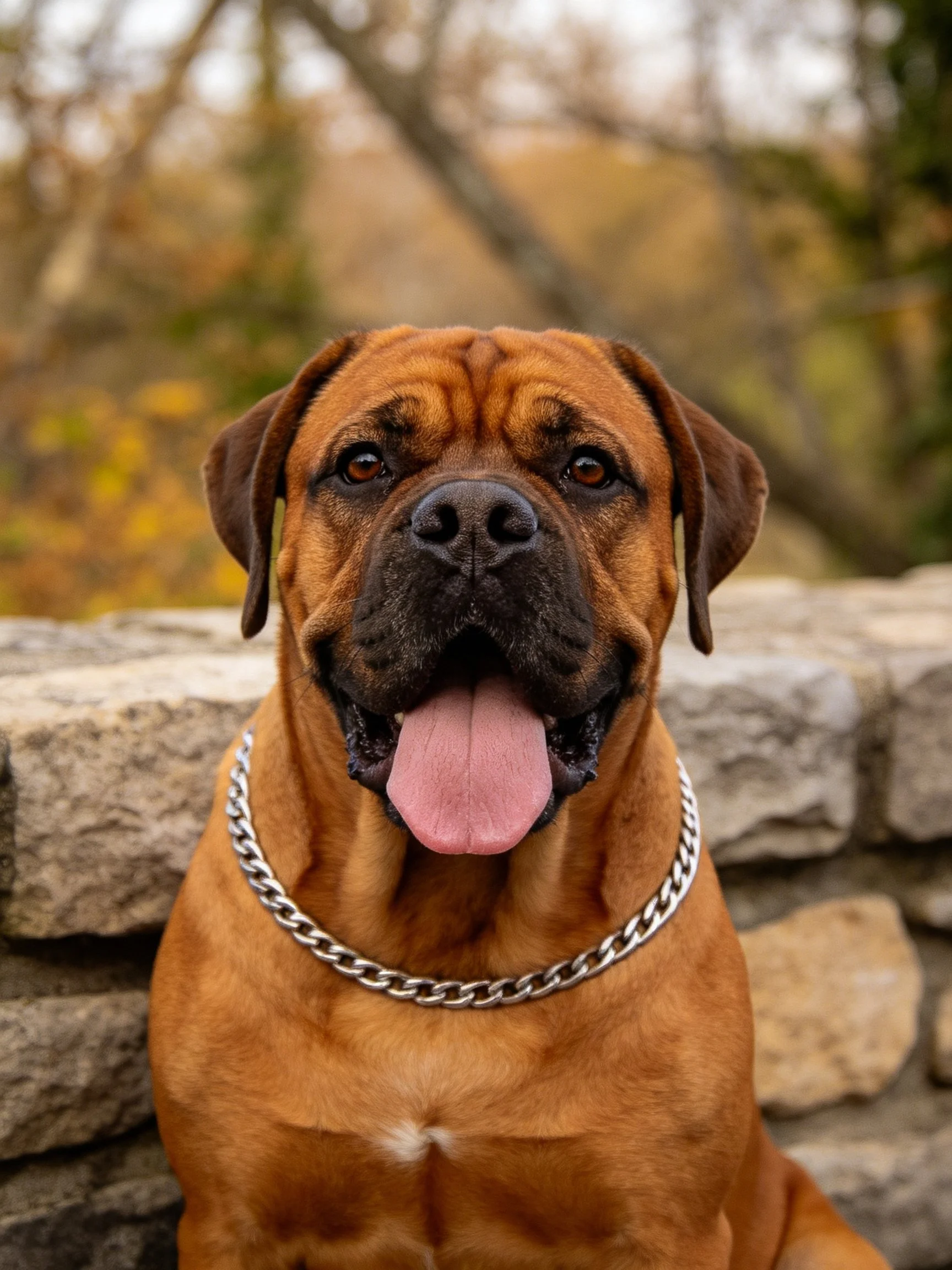 A brown Mastiff with a silver chain collar near a stone wall