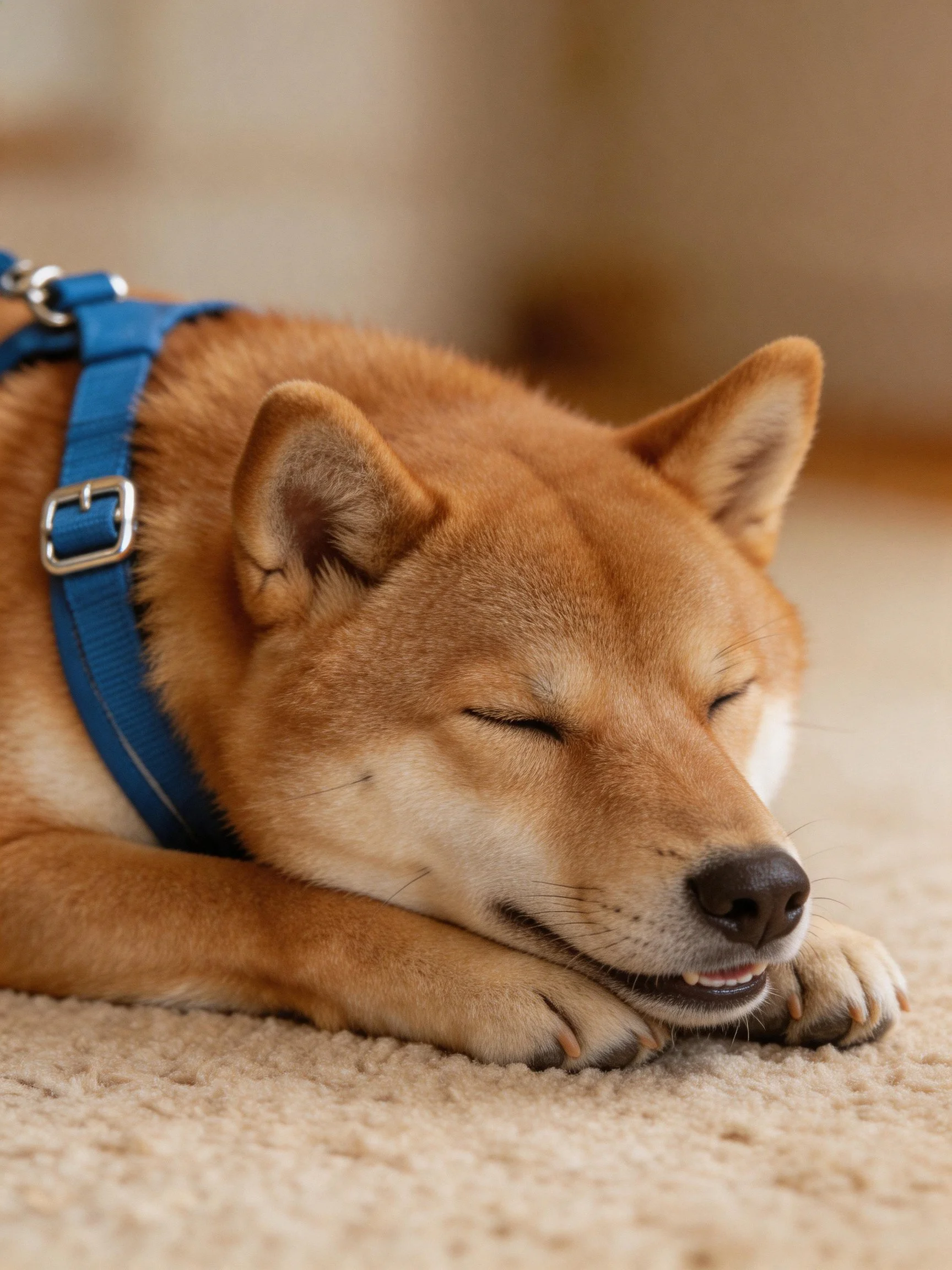 A brown Shiba Inu rests on a beige carpet with a blue harness