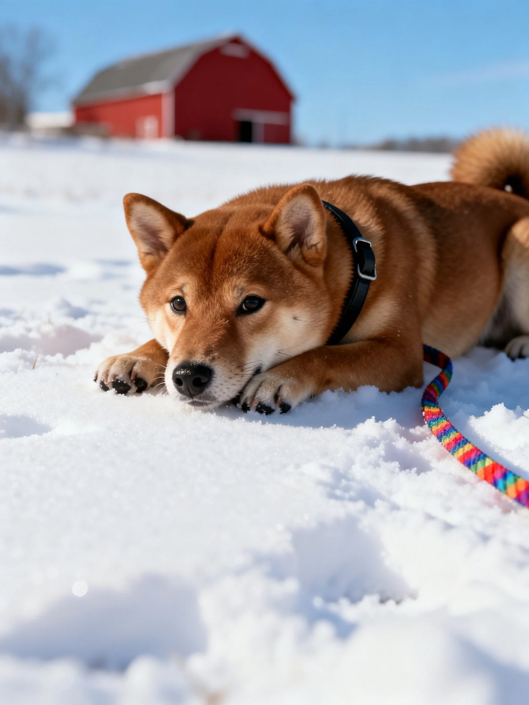 A brown Shiba Inu rests on bright white snow beside a red barn