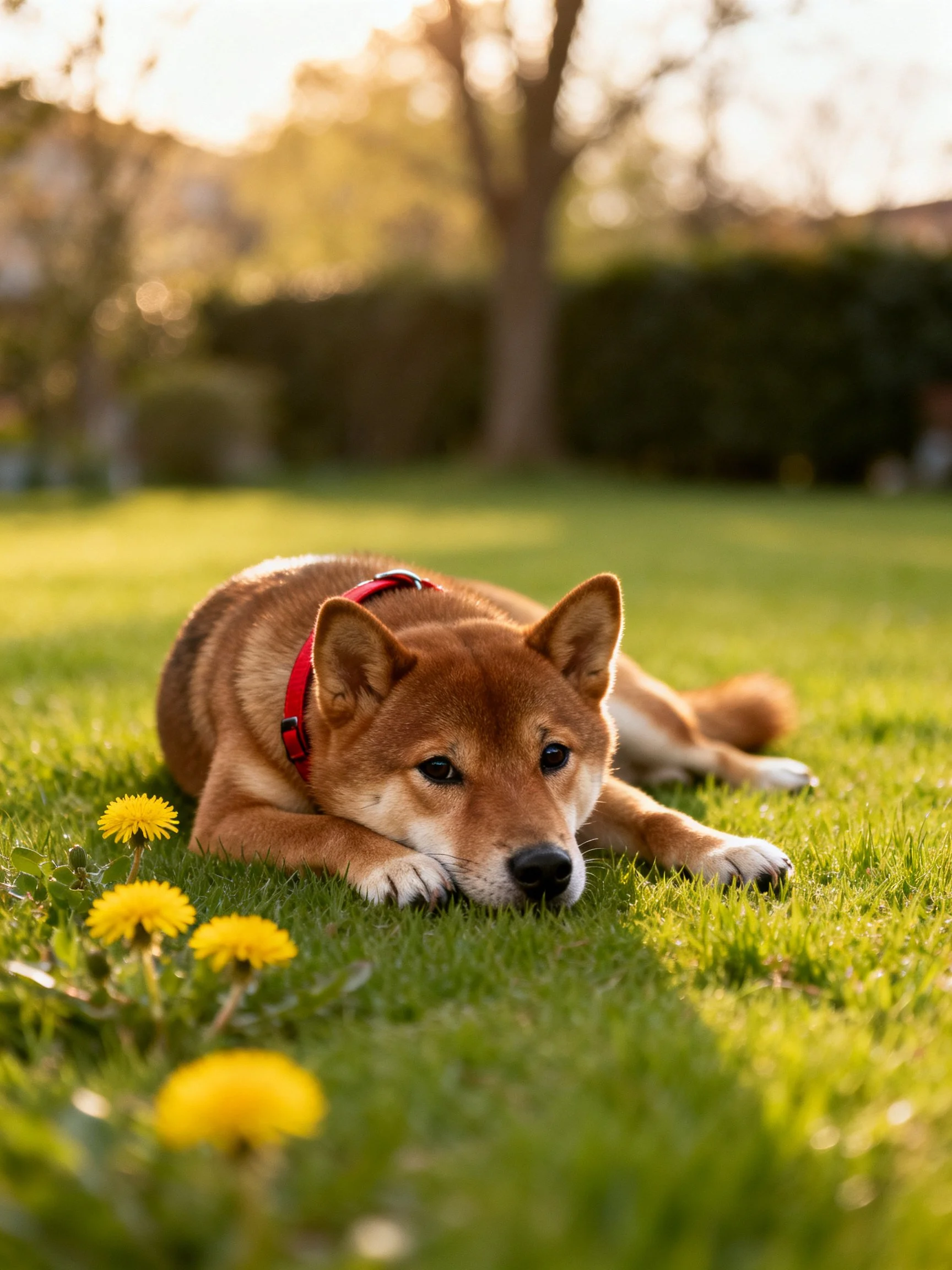 A brown Shiba Inu with red collar lies near yellow dandelions on green grass