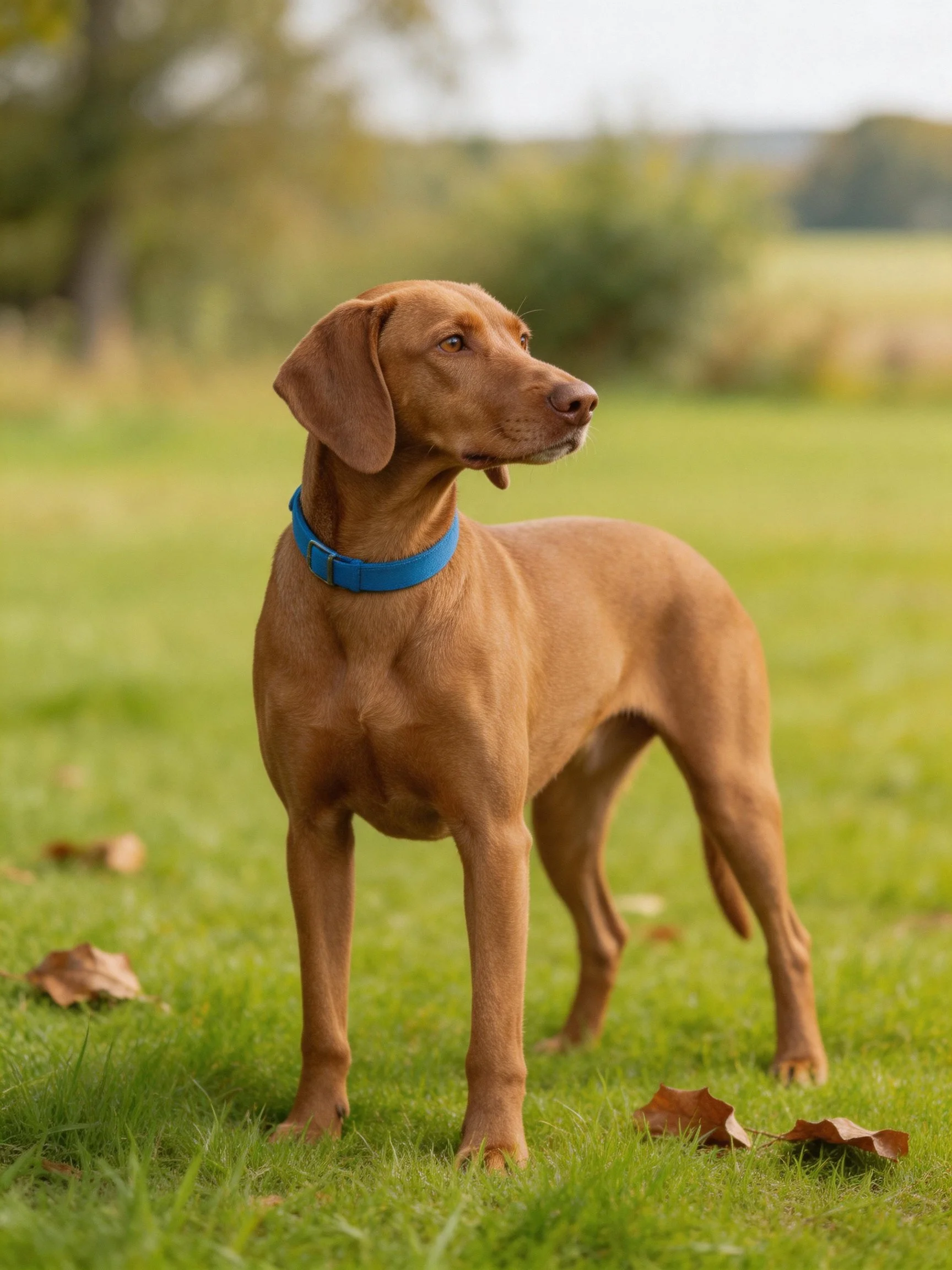 A brown Vizsla dog with blue collar on green grass