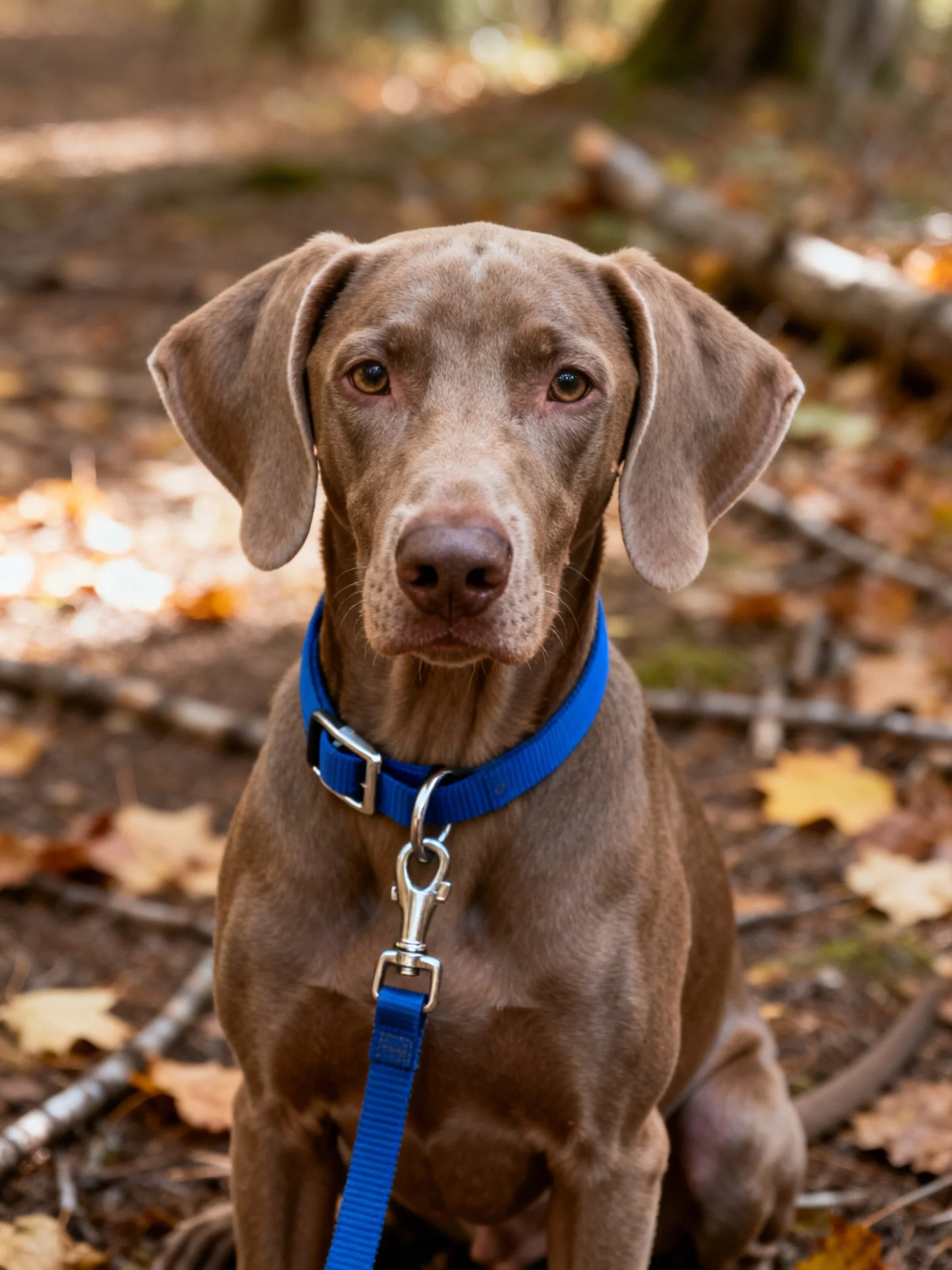A brown Weimaraner puppy with blue collar in autumn forest