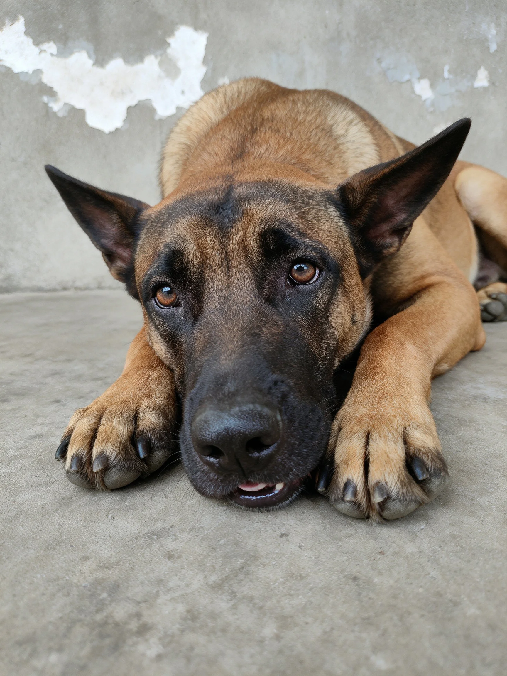 A brown and black Belgian Malinois rests on a weathered concrete floor