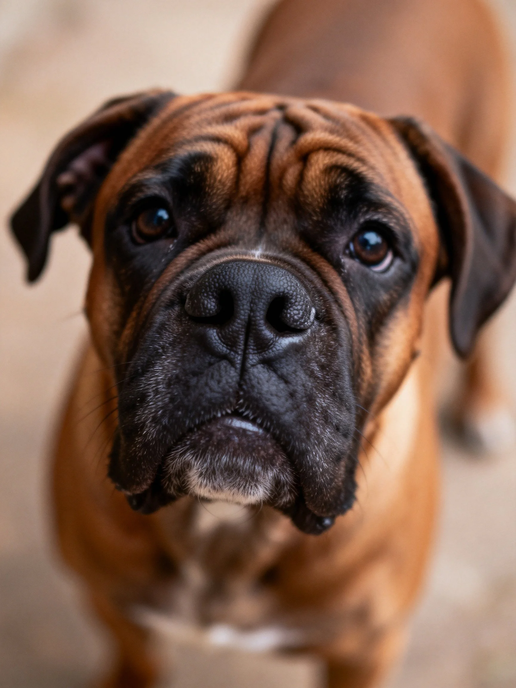 A brown and black Boxer dog with prominent facial wrinkles