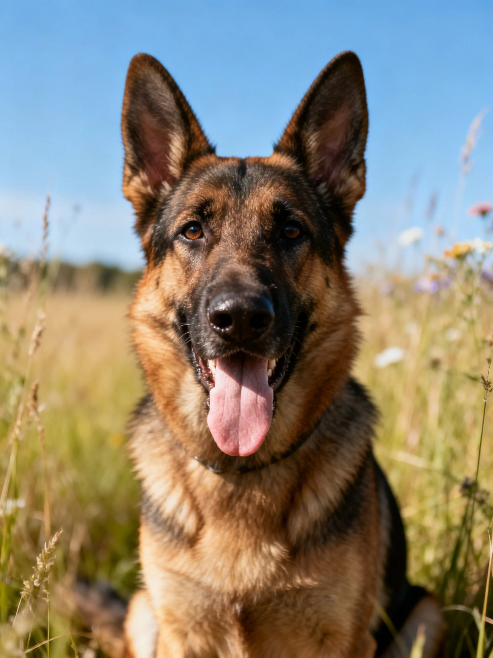 A brown and black German Shepherd in a sunlit meadow