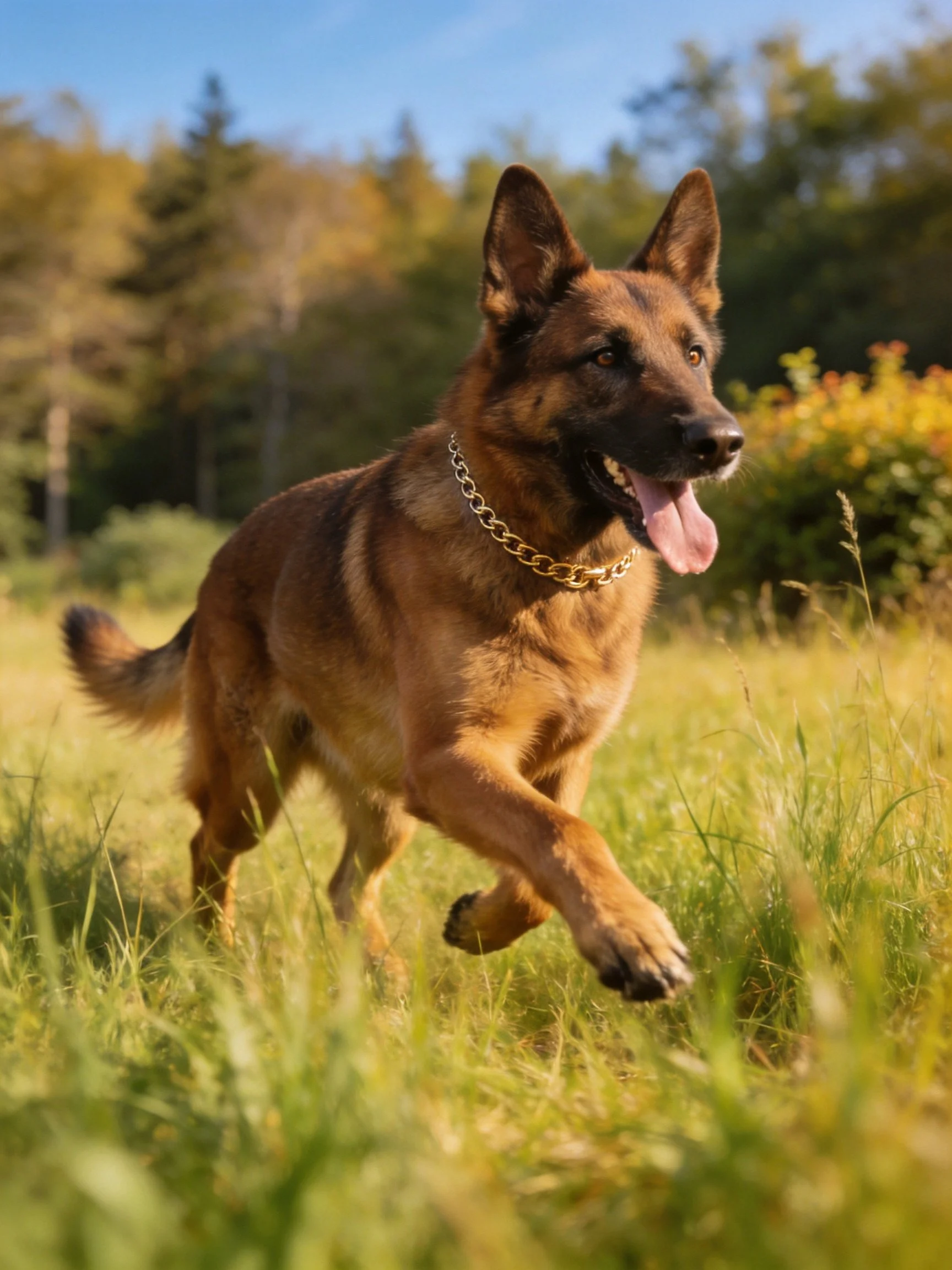 A German Shepherd runs energetically through a sunlit grassy field.
