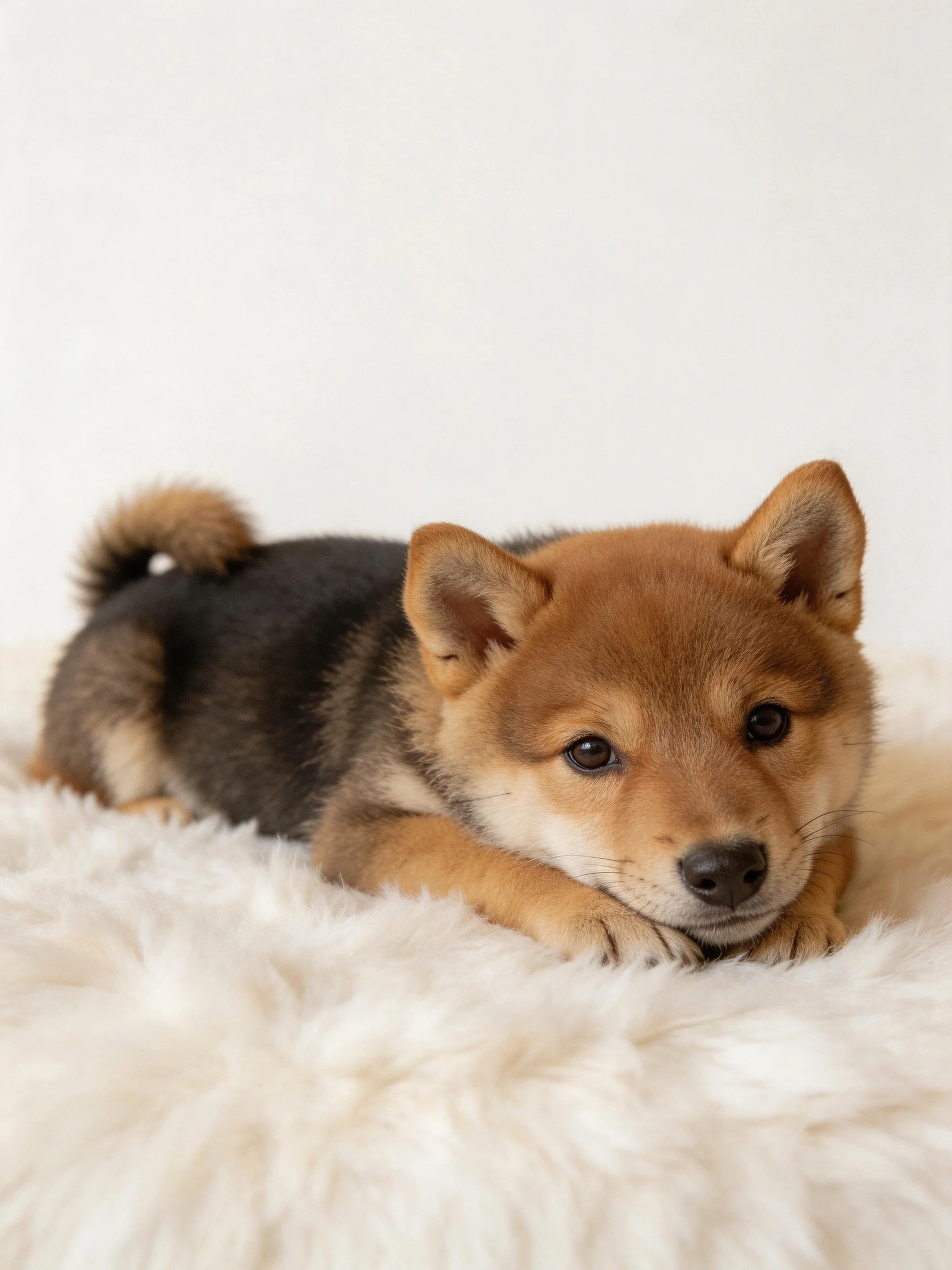 A young Shiba Inu puppy relaxes on a soft white rug.