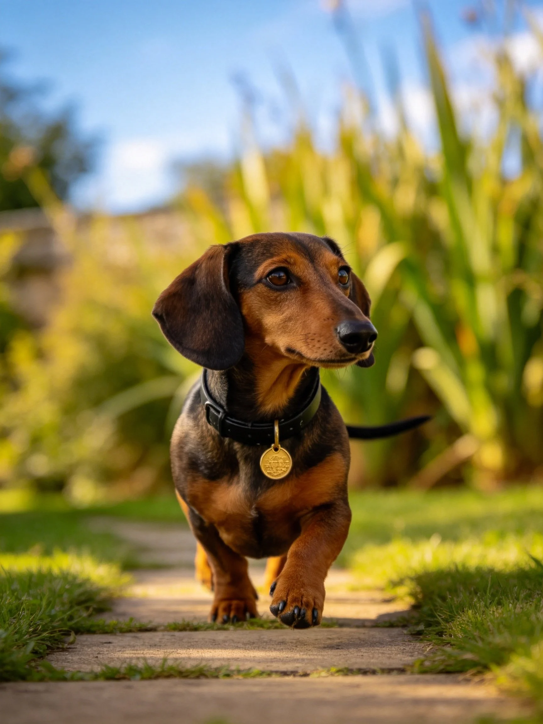 A brown and black dachshund walks along a stone path in a sunny garden.