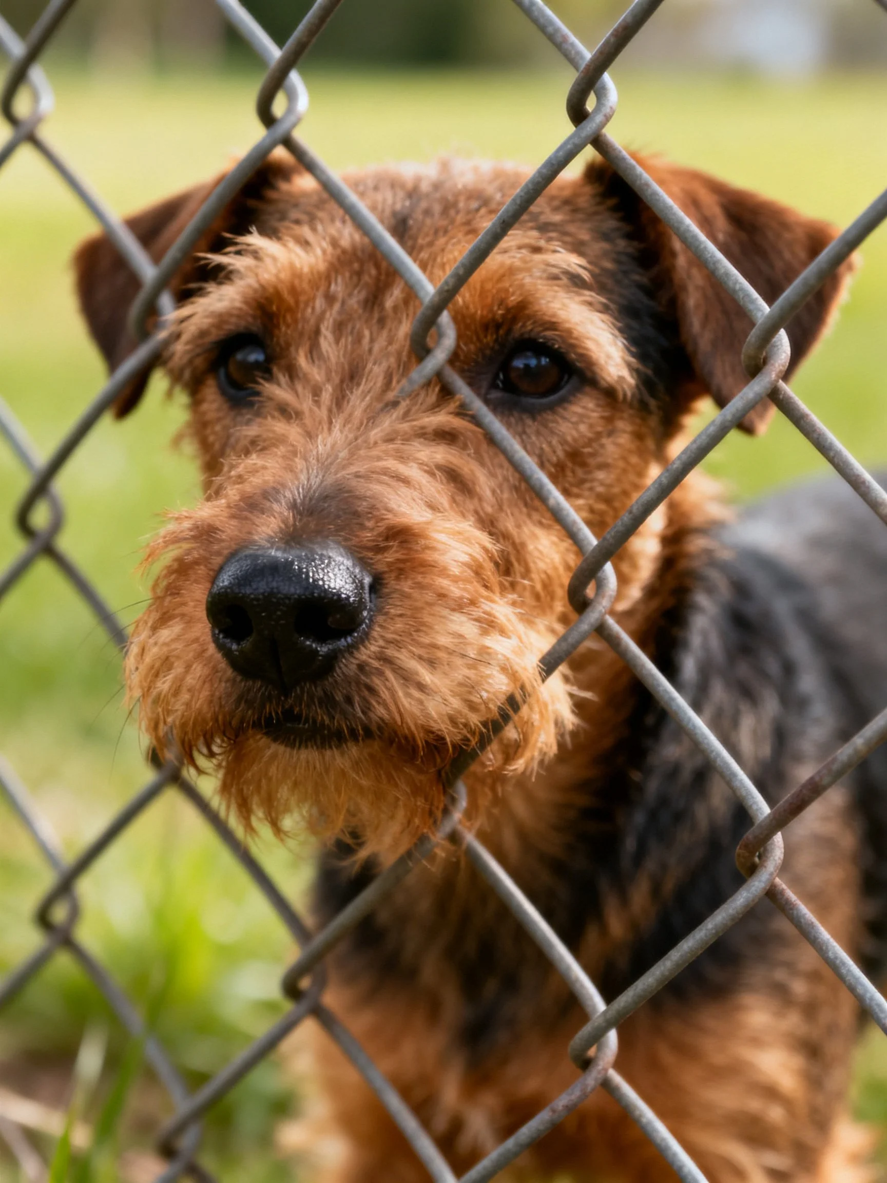 A brown and black dog behind a chain-link fence