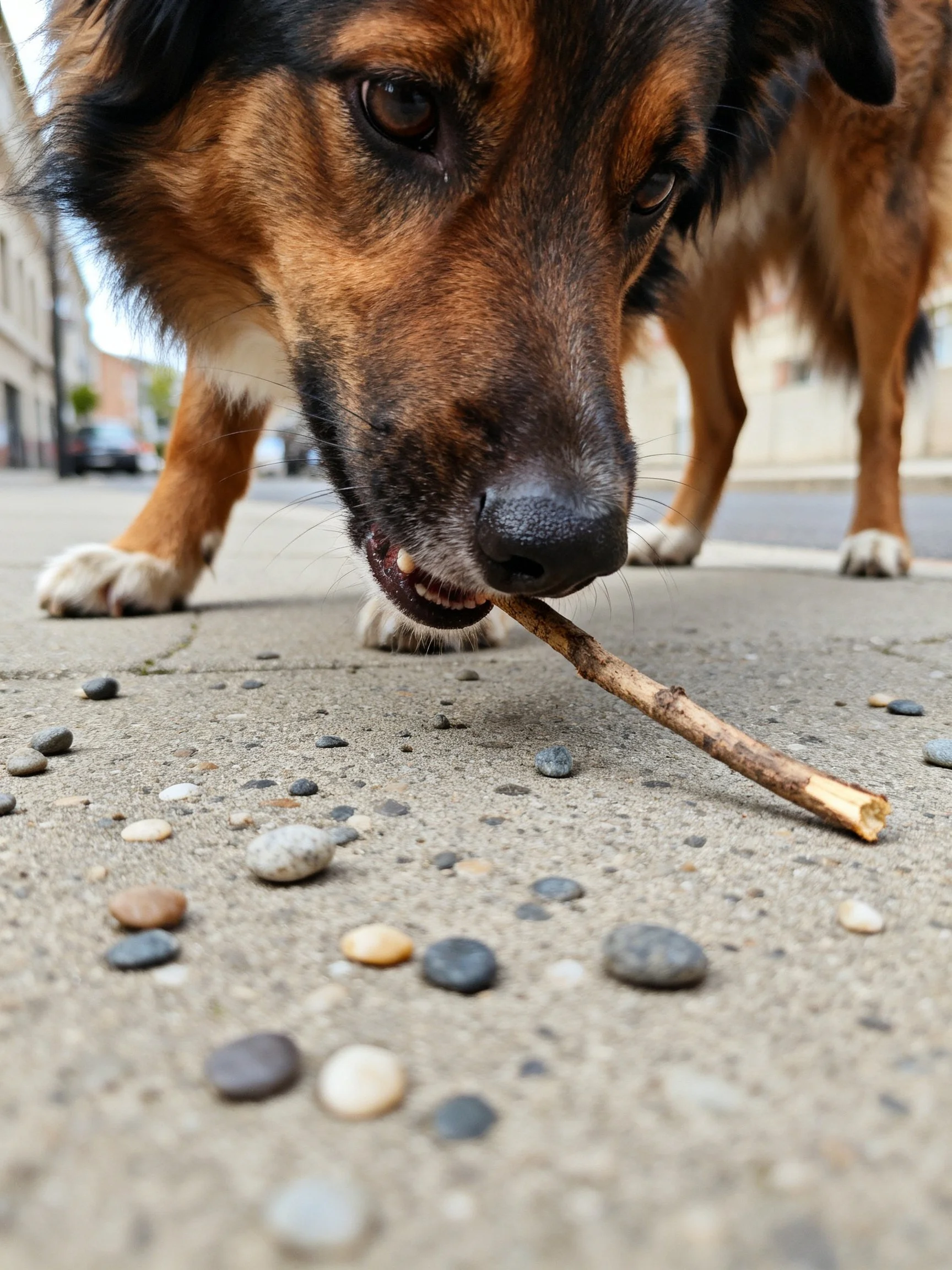 A brown and black dog chews a stick on a pebble-strewn sidewalk