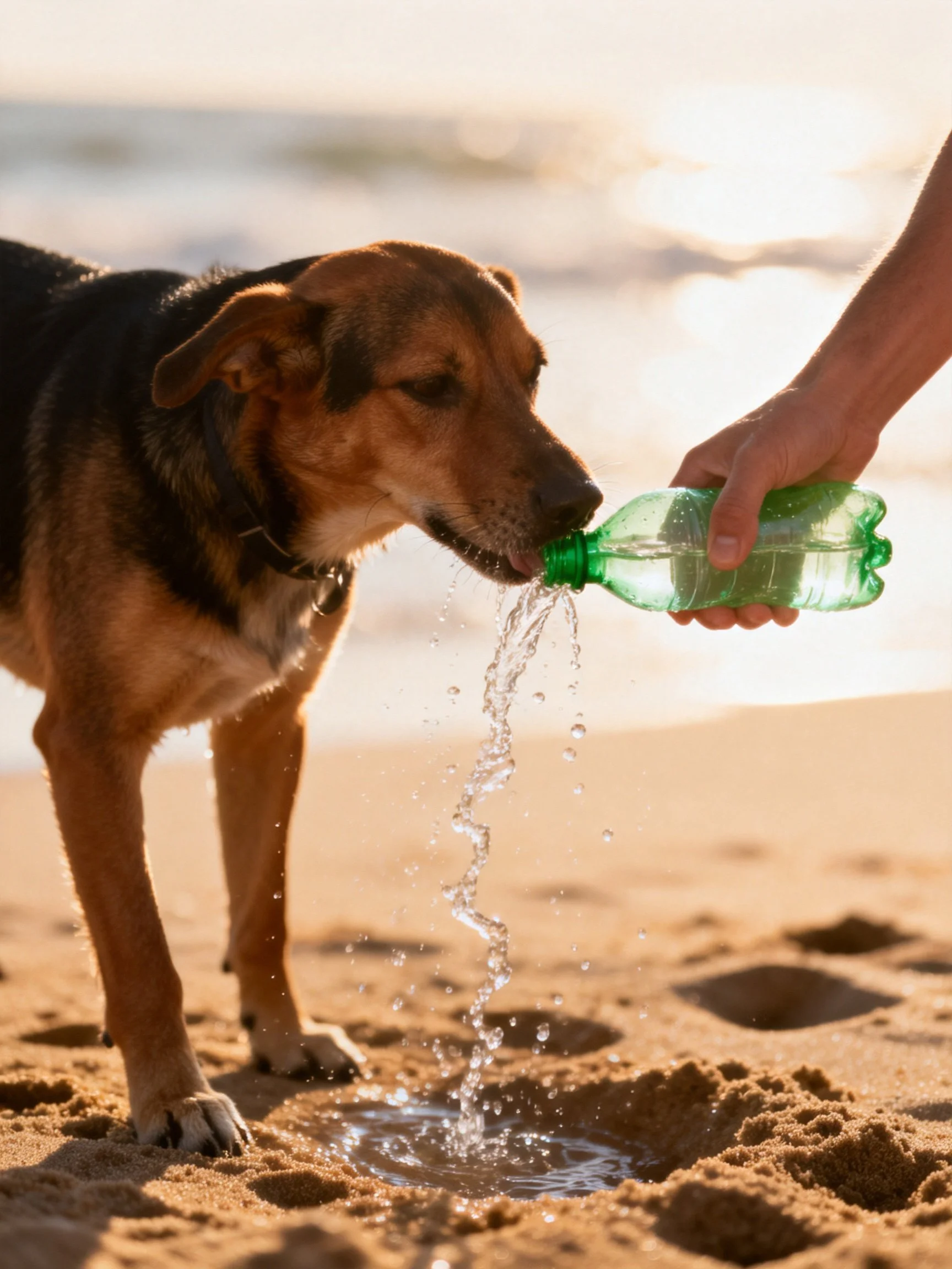 A brown and black dog drinks water from a green bottle on sandy beach