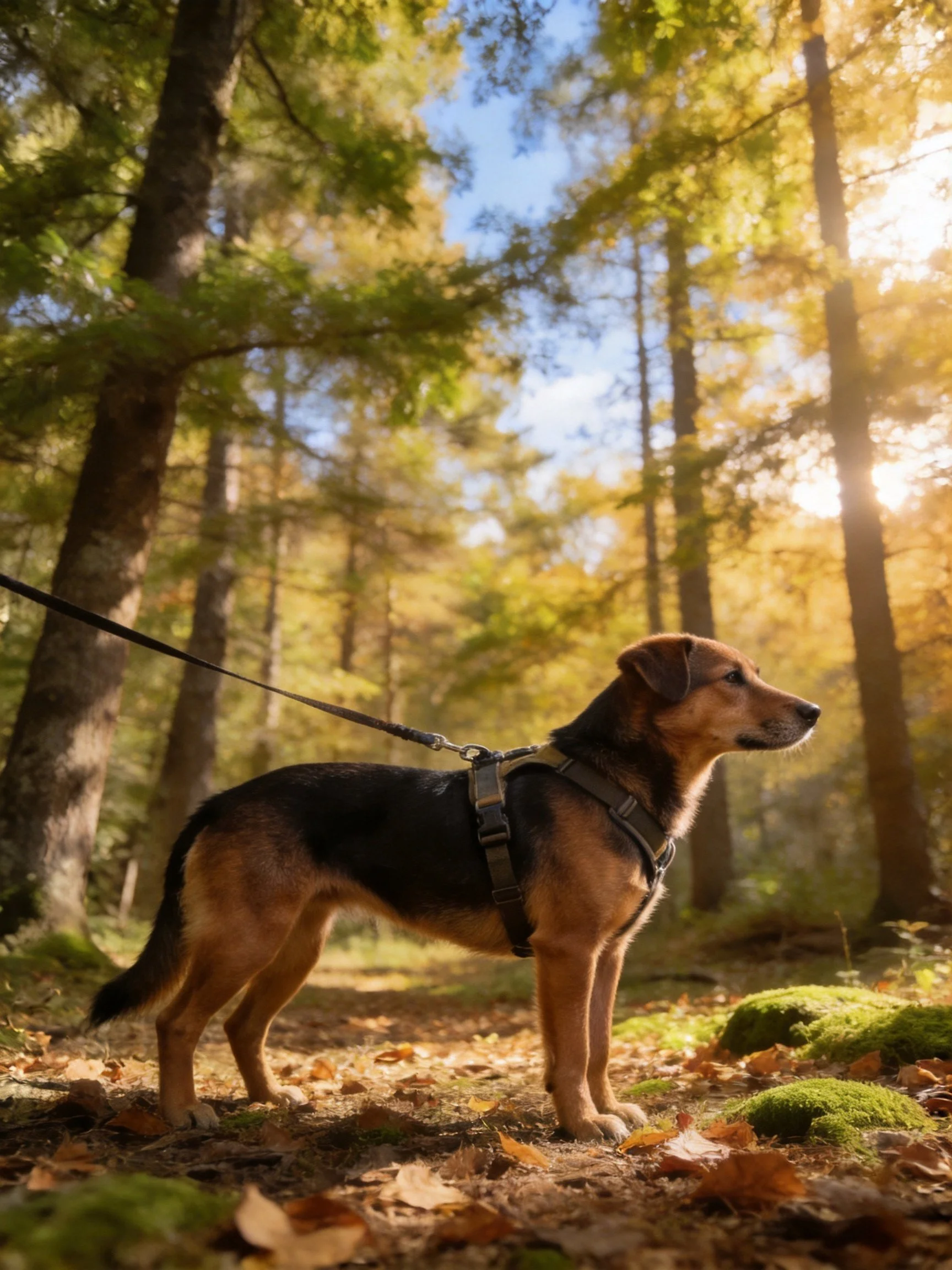 A brown and black dog in a harness on a forest trail