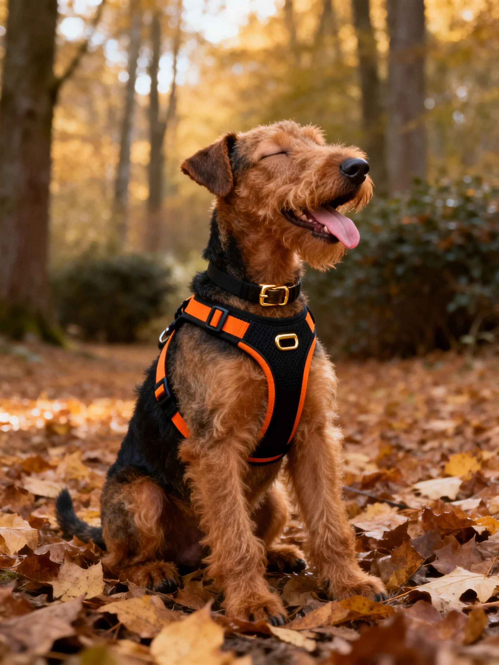 A dog in a harness relaxes among fallen autumn leaves.
