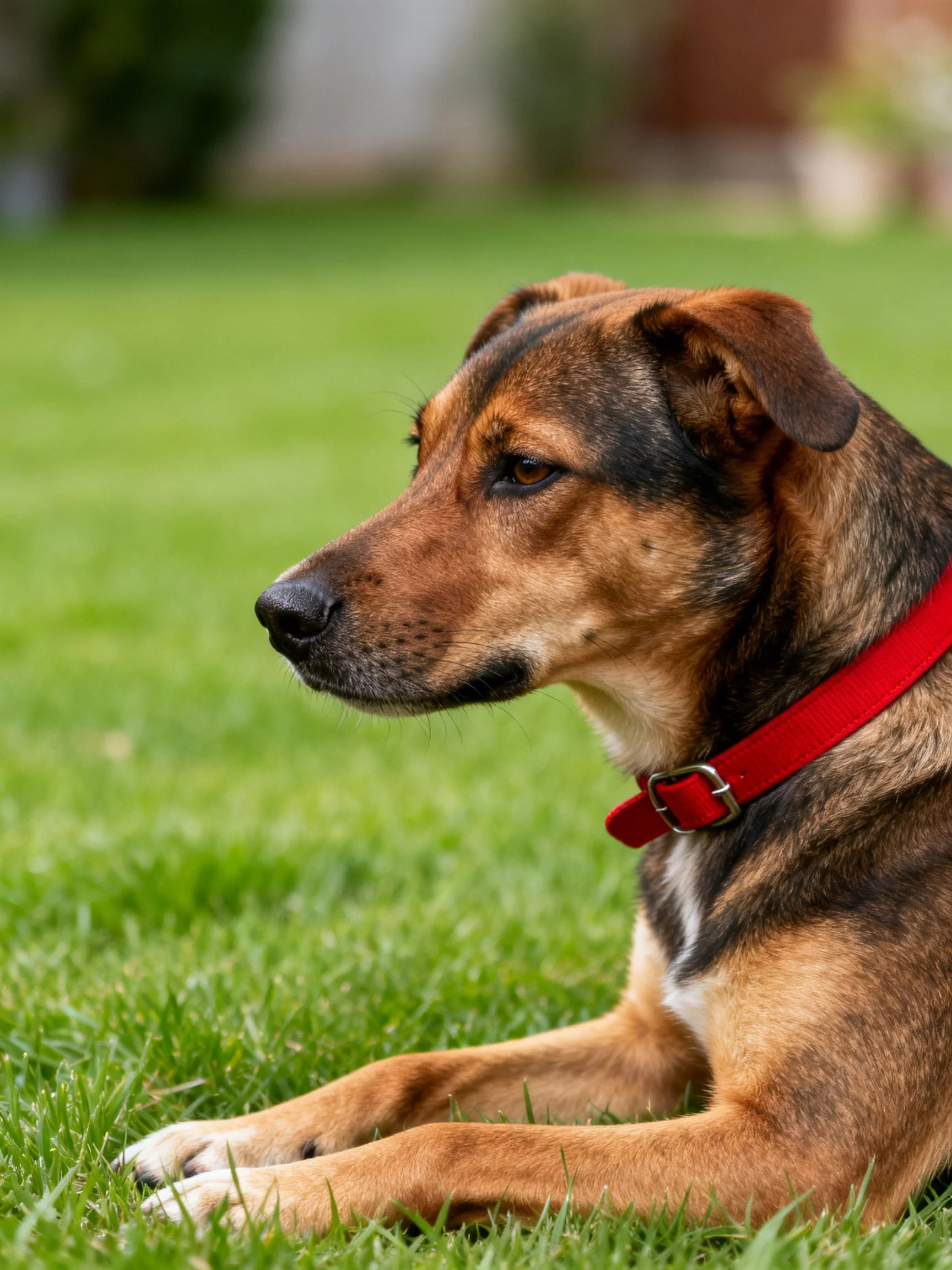 A brown and black dog in profile resting on green grass with a red collar