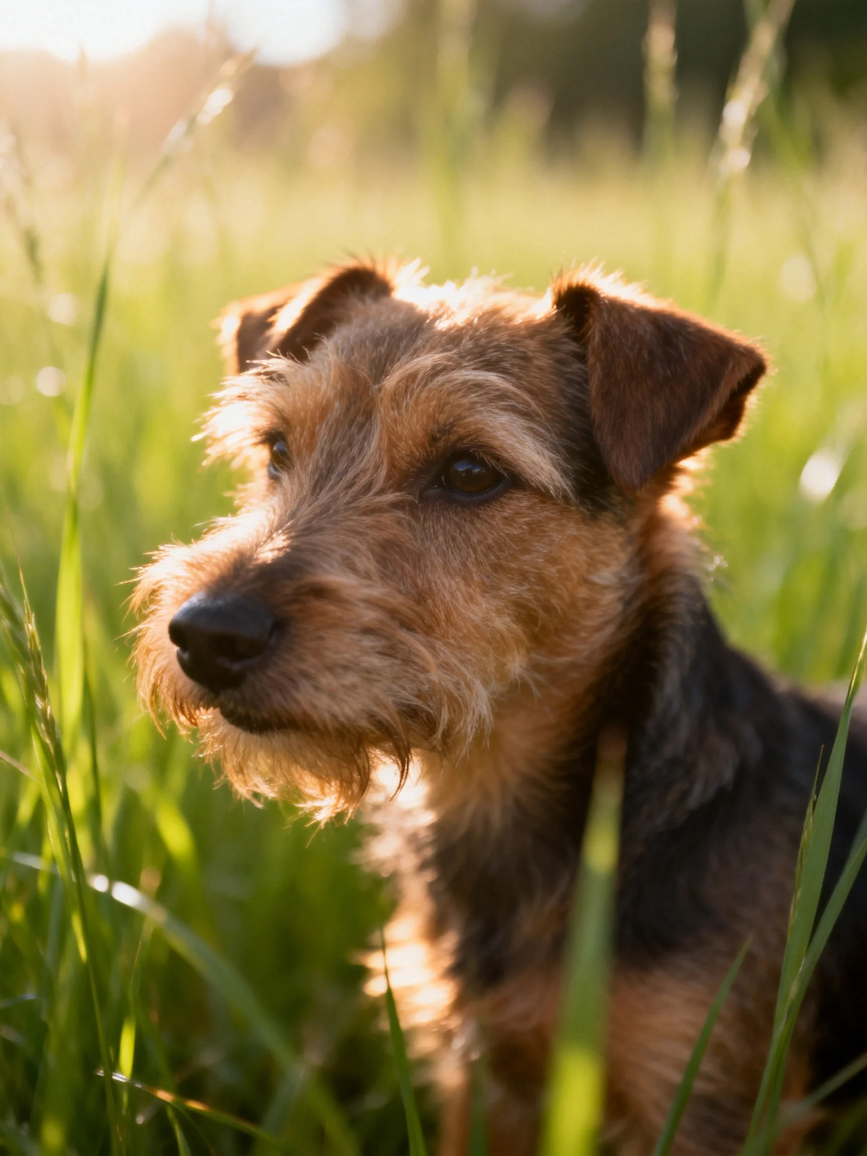 A brown and black dog in sunlit tall green grass