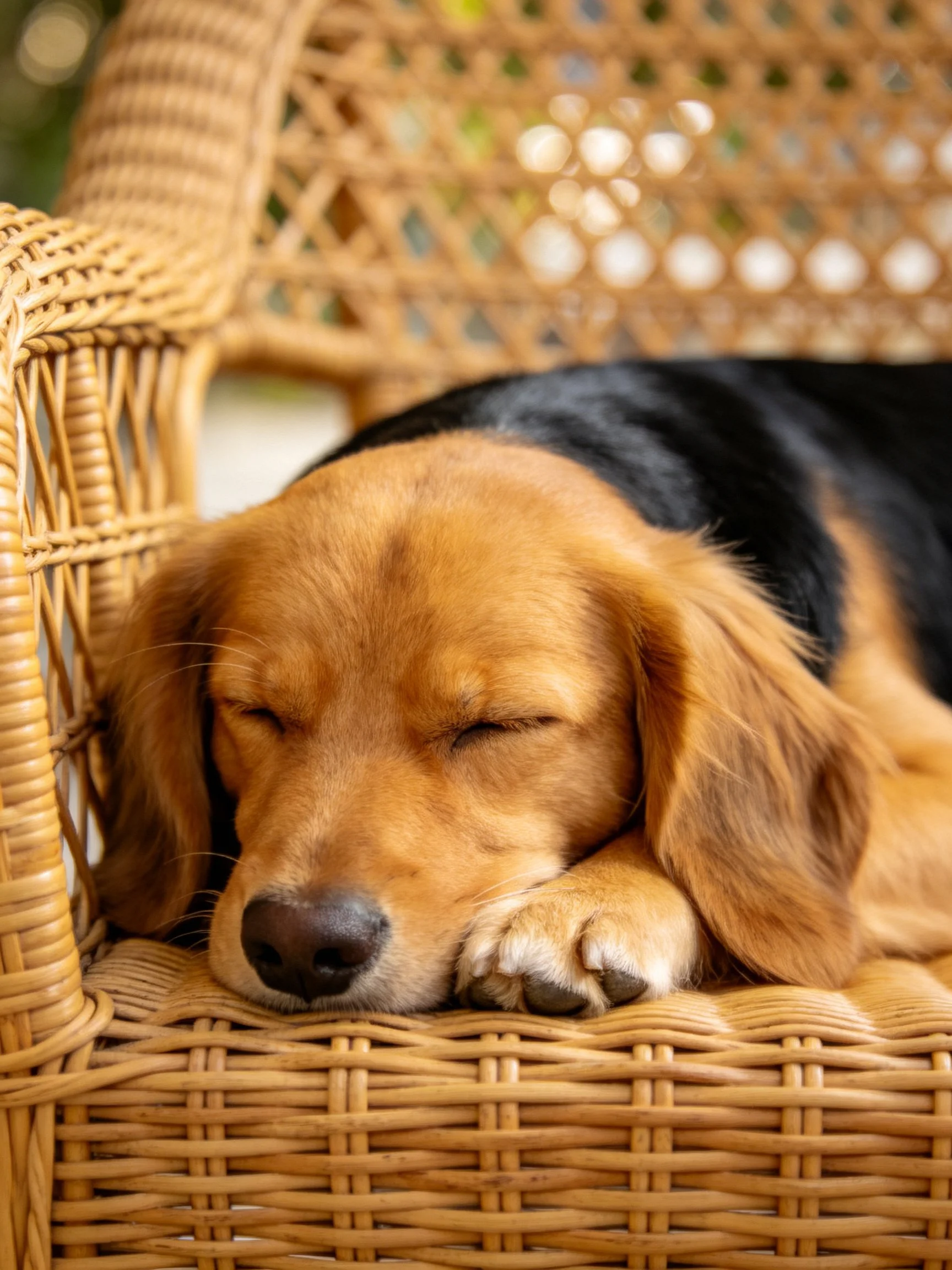 A brown and black dog rests peacefully on a wicker chair.