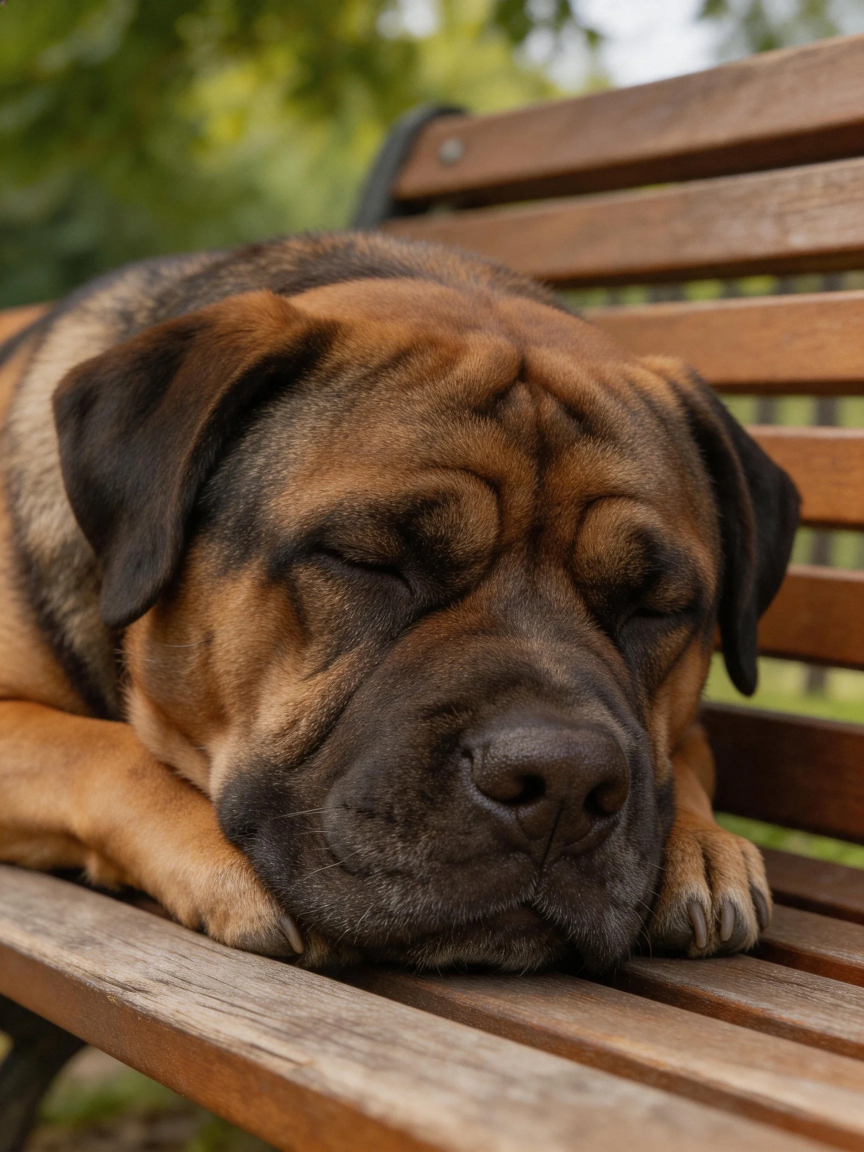 A large brown and black dog sleeps peacefully on a wooden bench in a park.