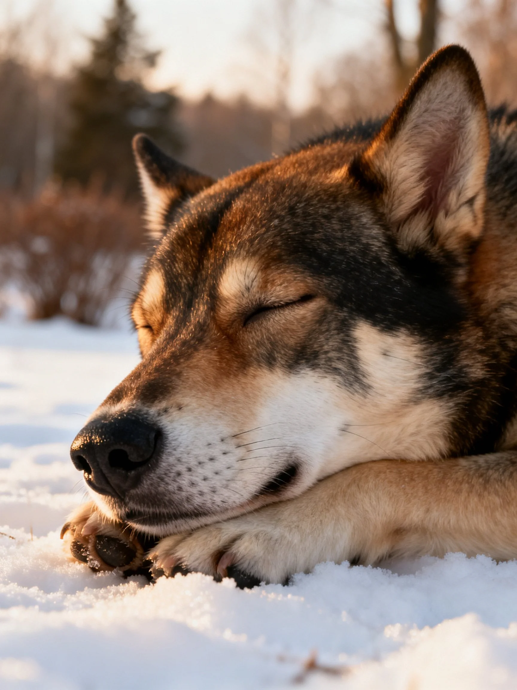 A brown and black dog napping on snow-covered ground