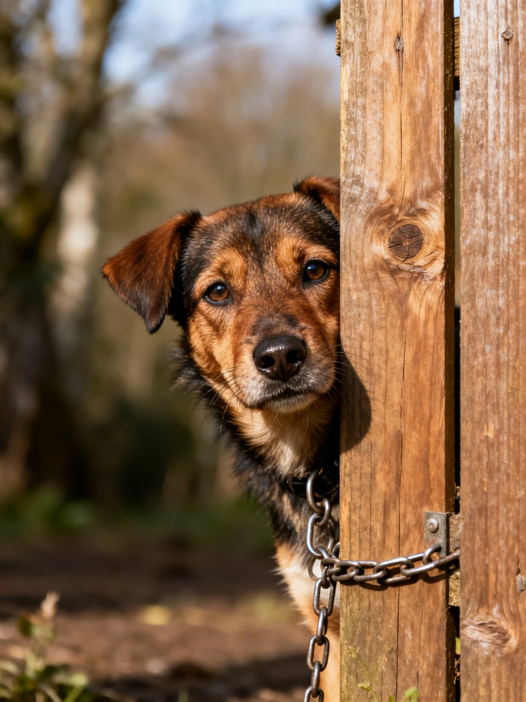 A brown and black dog peeks from a weathered wooden fence with a metal chain