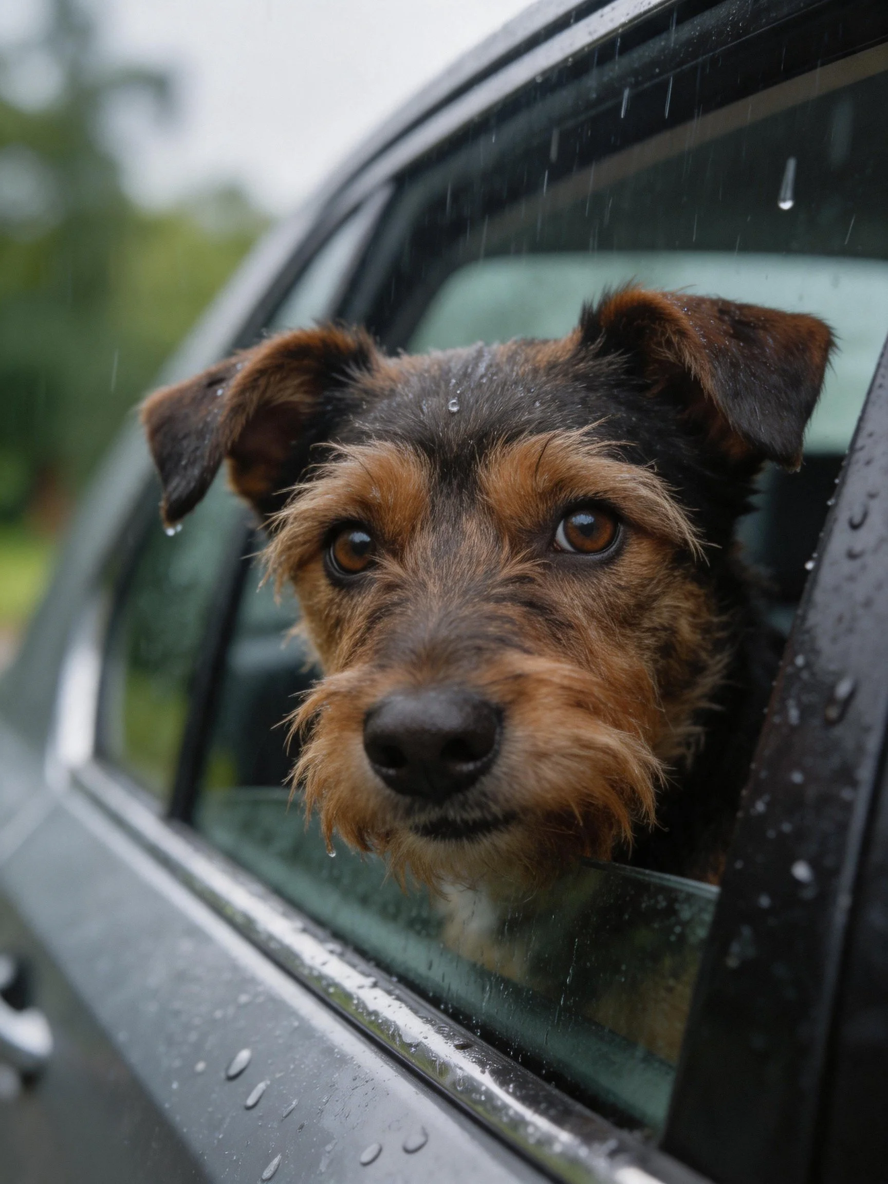 A brown and black dog peers out of a rain-drenched car window