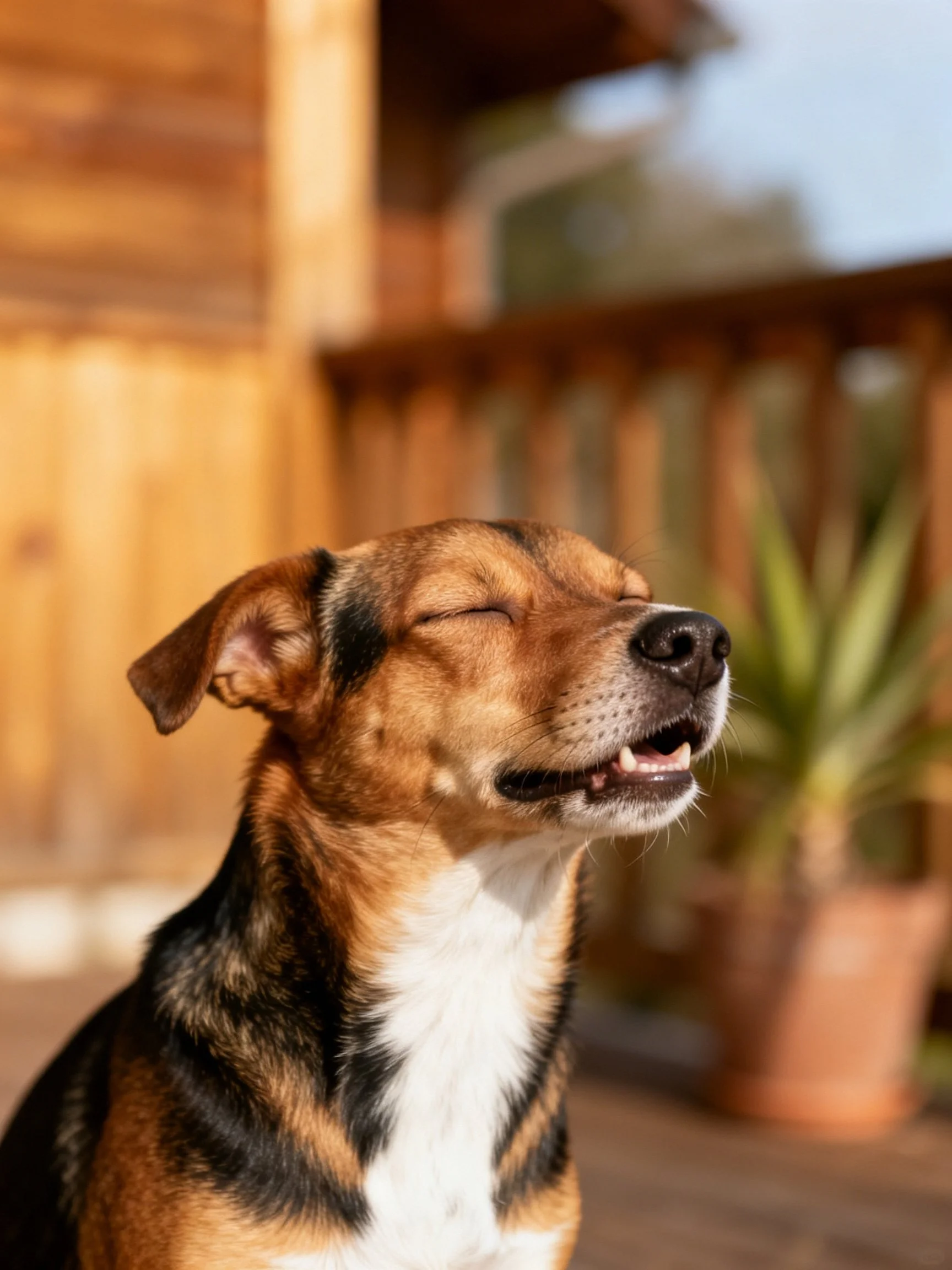 A brown and black dog relaxes near a wooden cabin
