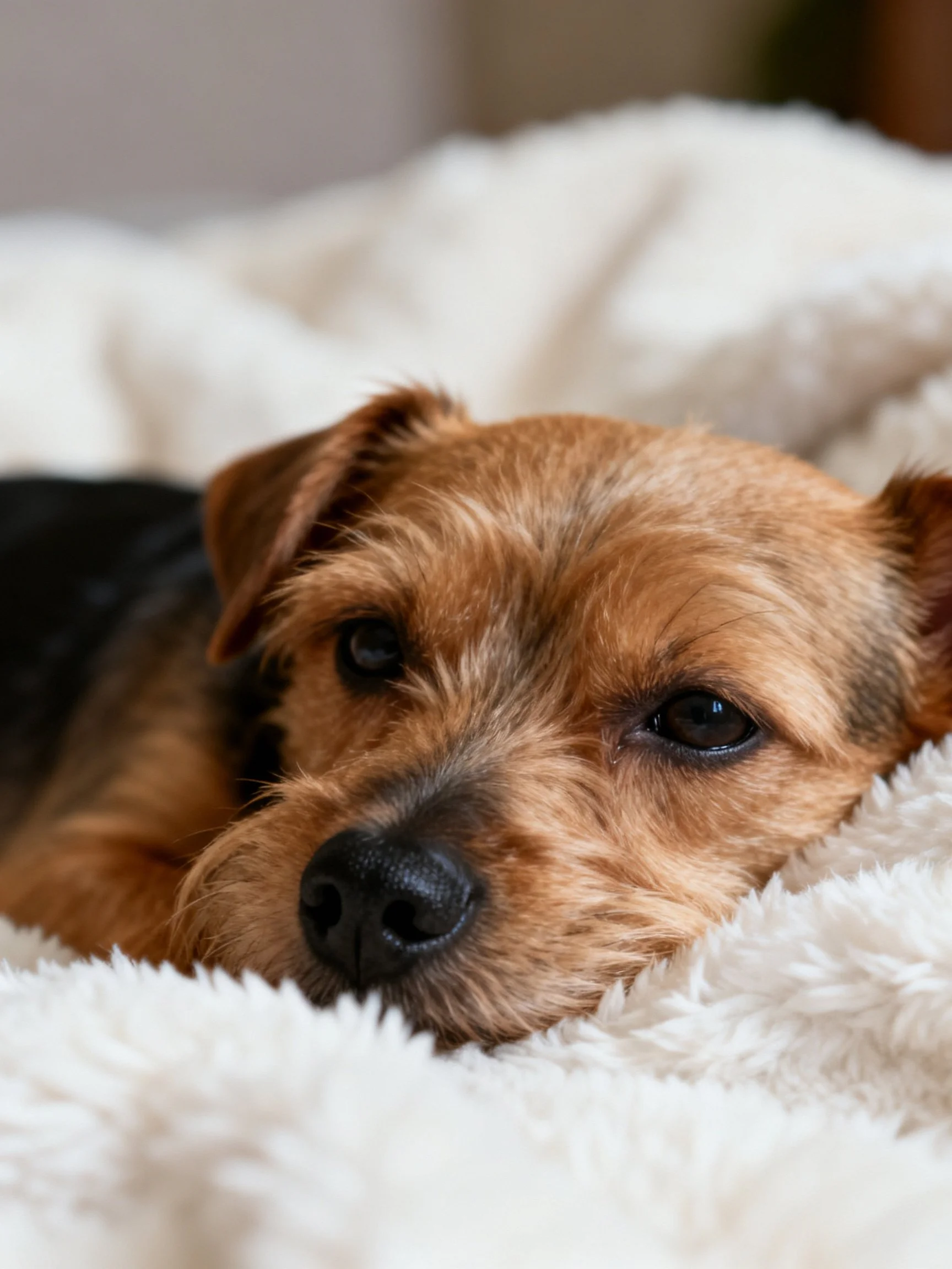 A brown and black dog rests on a soft white blanket.