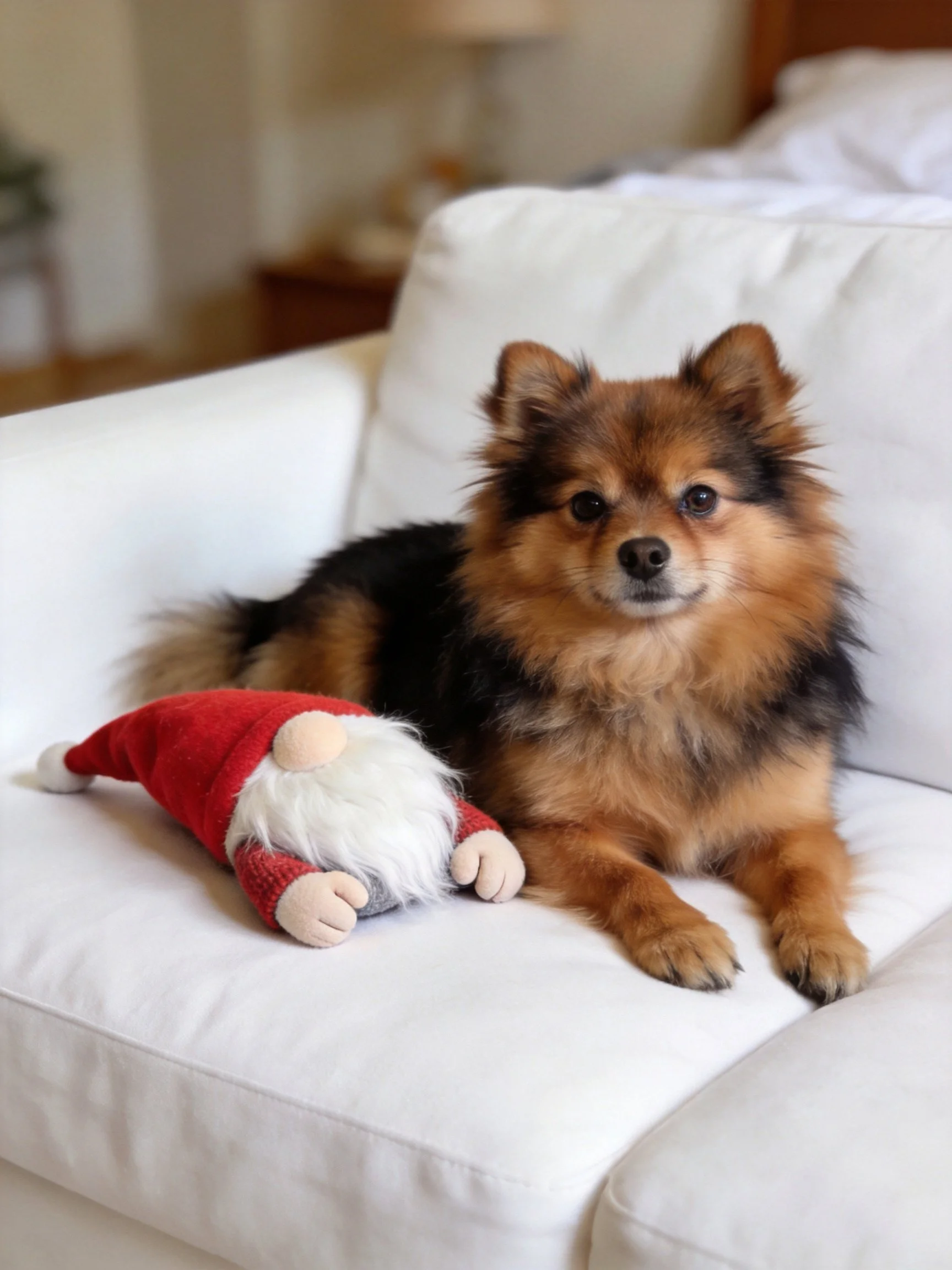 A brown and black dog rests beside a red gnome toy on a plush white couch.