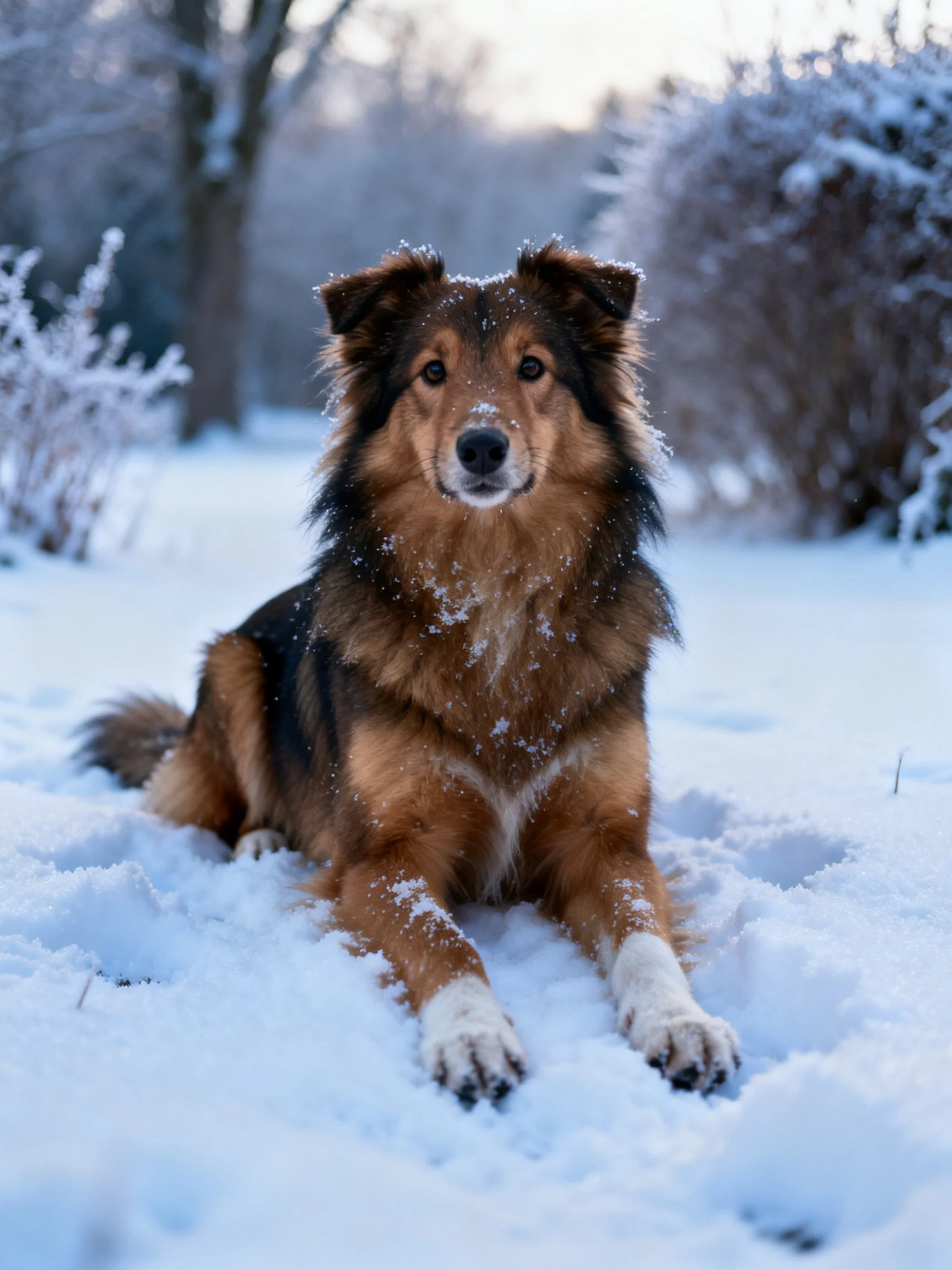 A brown and black dog sits calmly amid snow-covered surroundings.