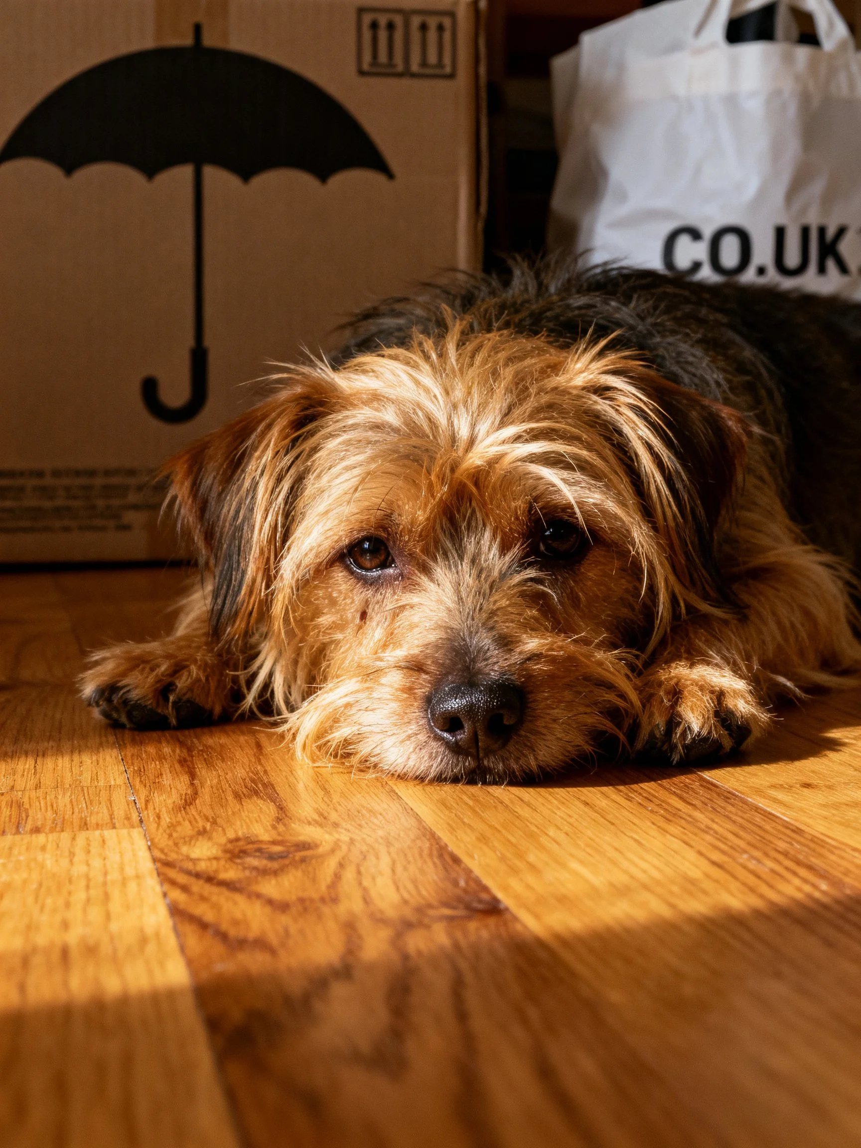 A brown and black dog lies on a wooden floor beside a cardboard box.
