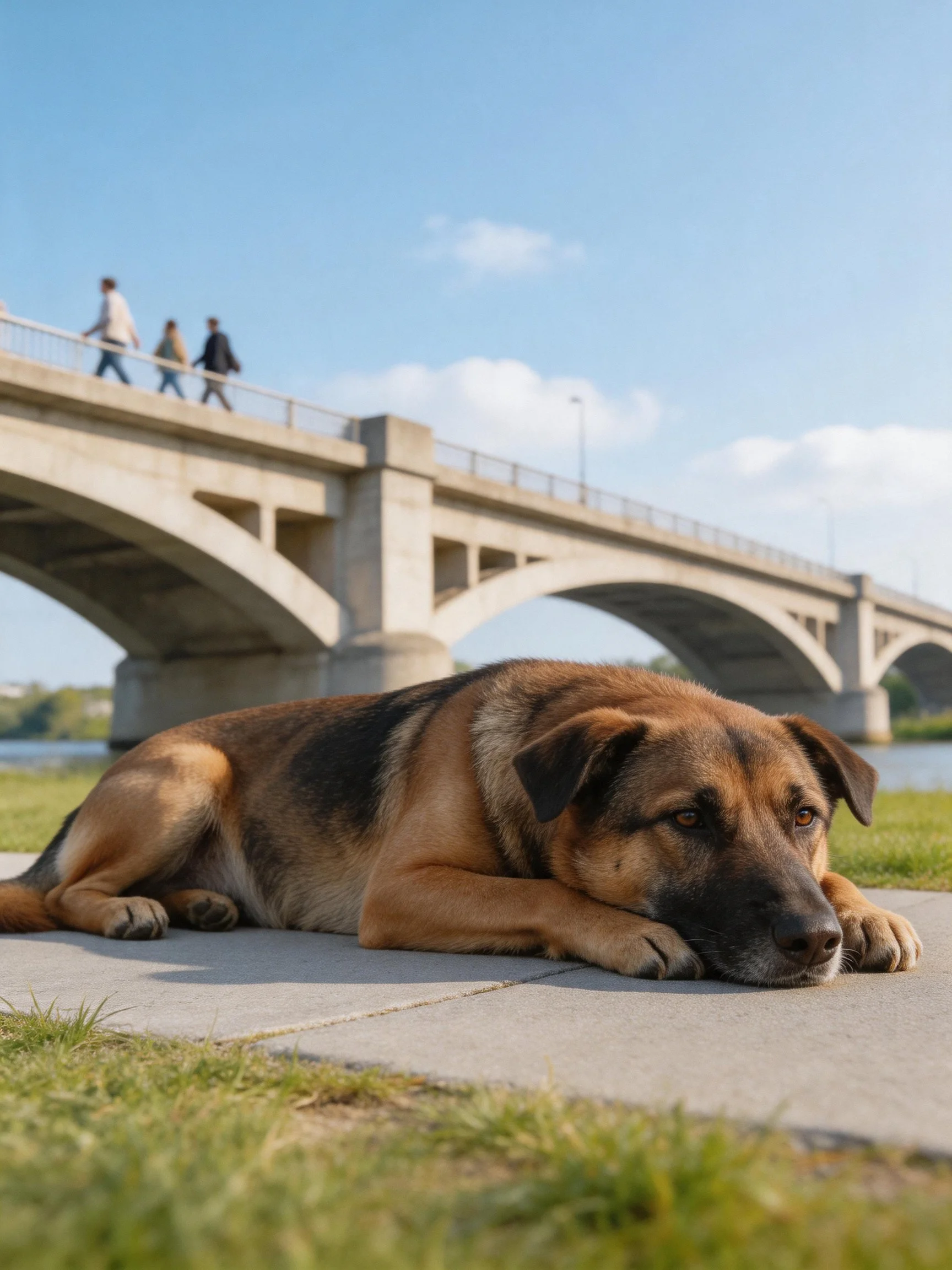 A brown and black dog rests near a stone bridge with pedestrians in the background.