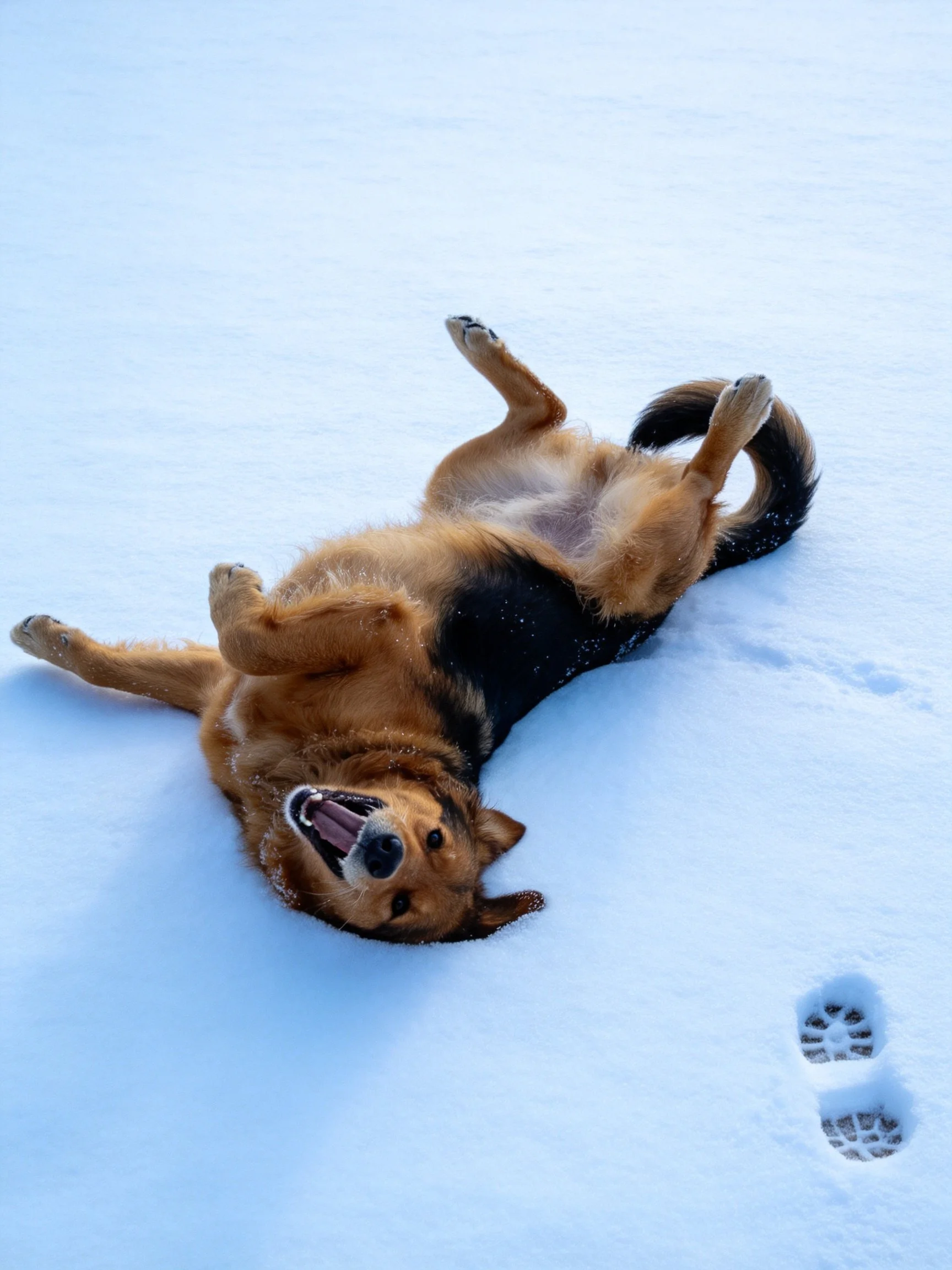 A brown and black dog rolls joyfully in bright snow