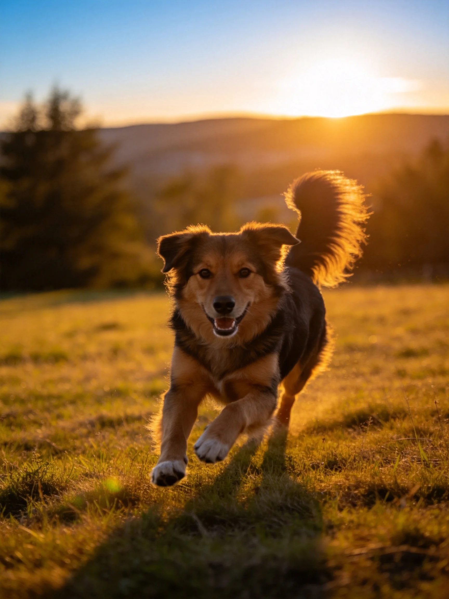 A brown and black dog runs joyfully in a golden field at sunset