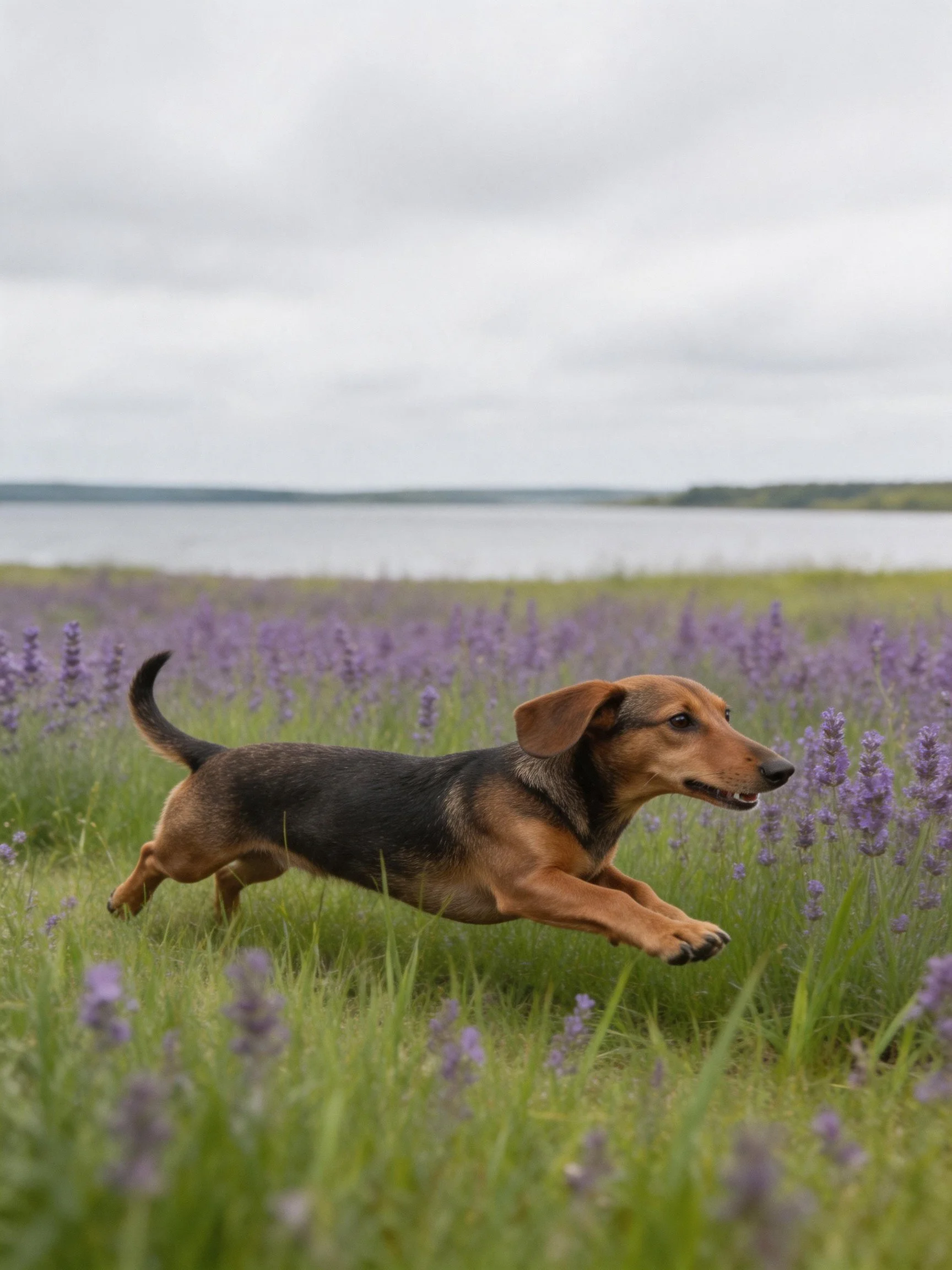 A dog dashes through a lavender field near a calm body of water.