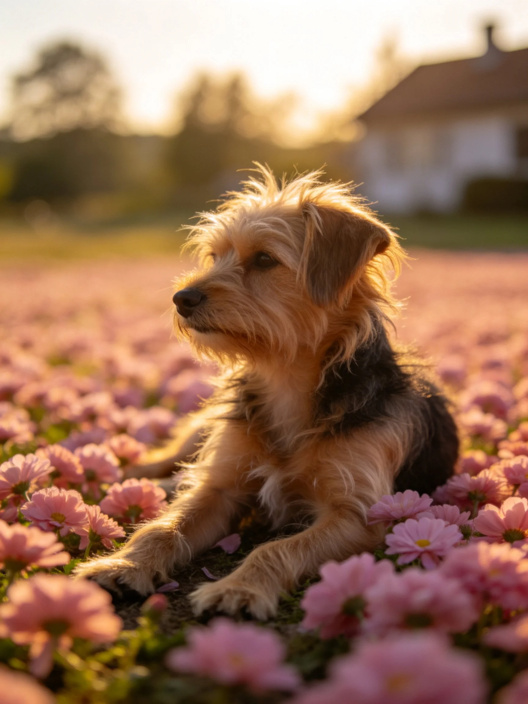A small dog relaxes in a field of pink flowers bathed in golden evening light.