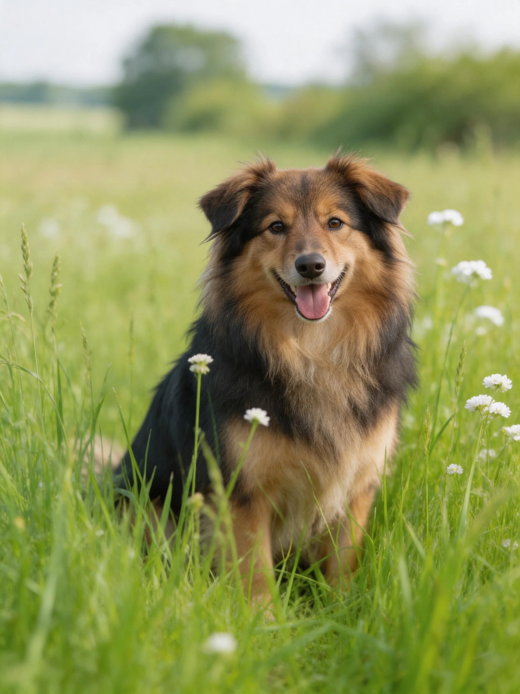 A cheerful dog with mixed brown and black fur sits in a flower-filled grassy meadow.