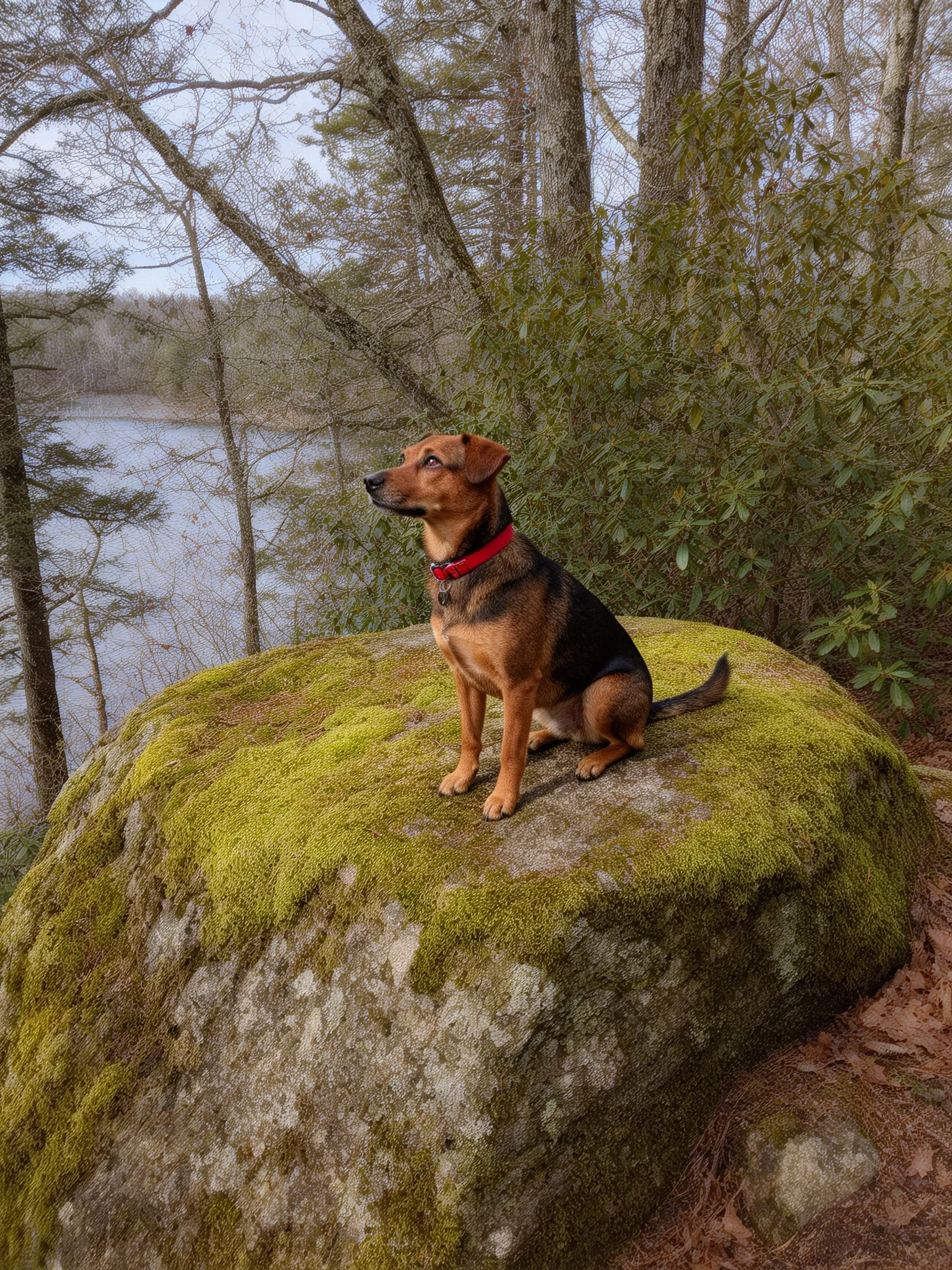 A brown and black dog sits on a moss-covered rock near a forested lake