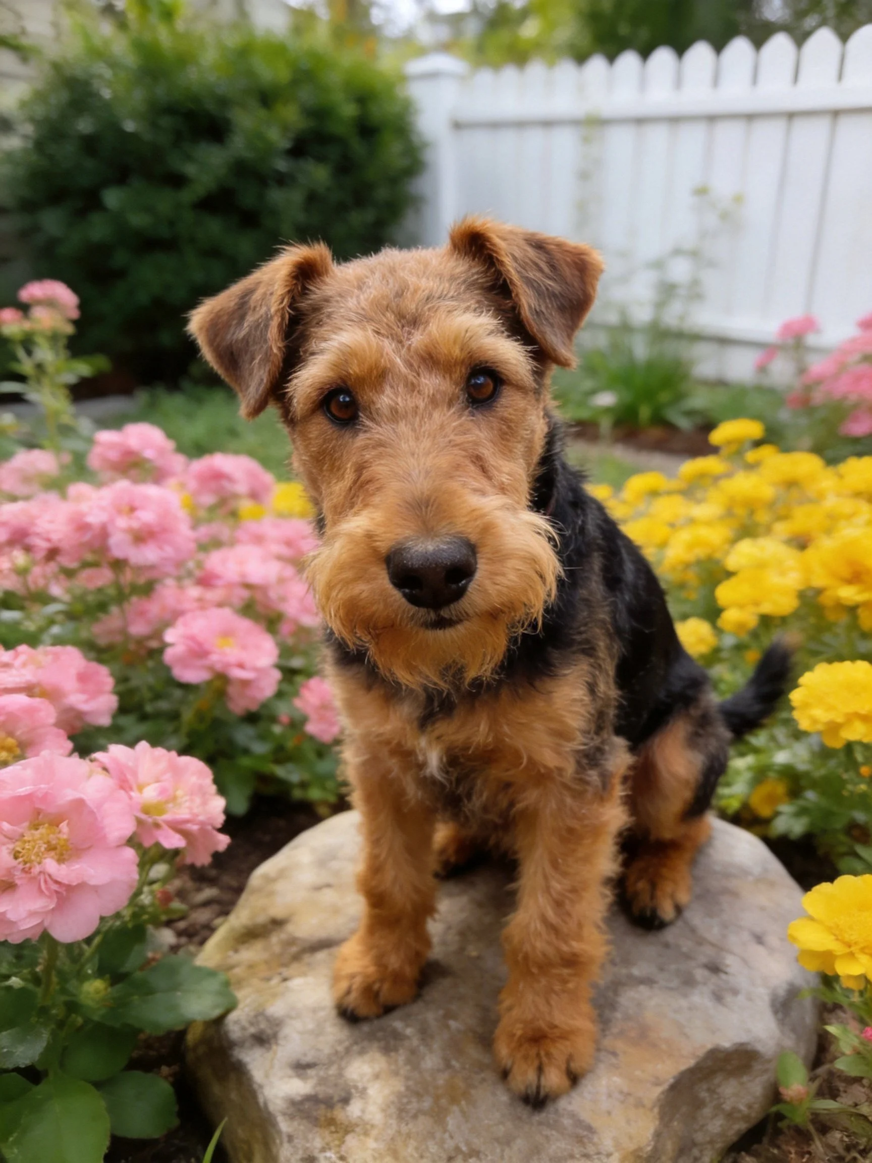A brown and black dog sits on a rock amid pink and yellow flowers