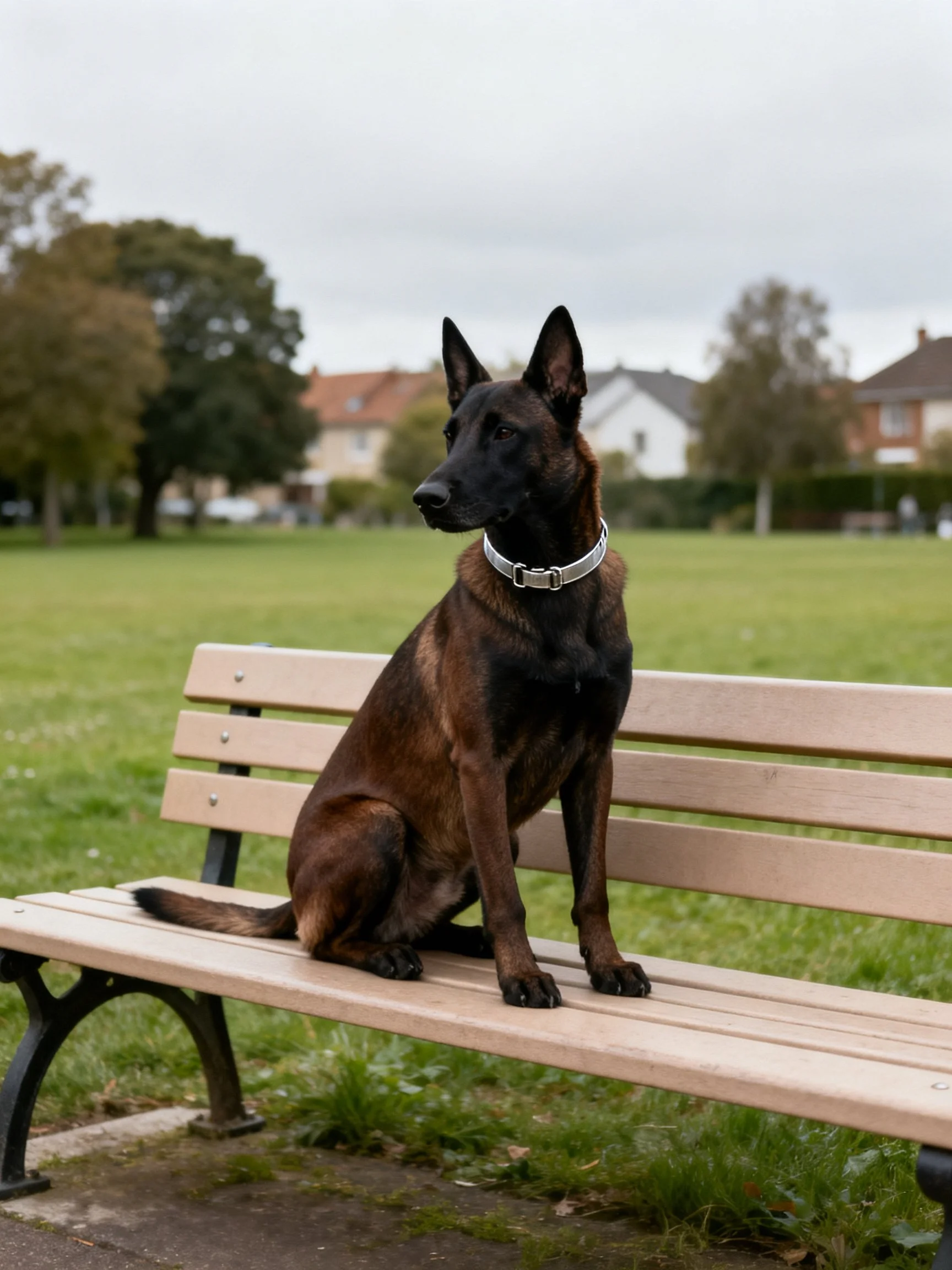 A brown and black dog sits on a wooden park bench
