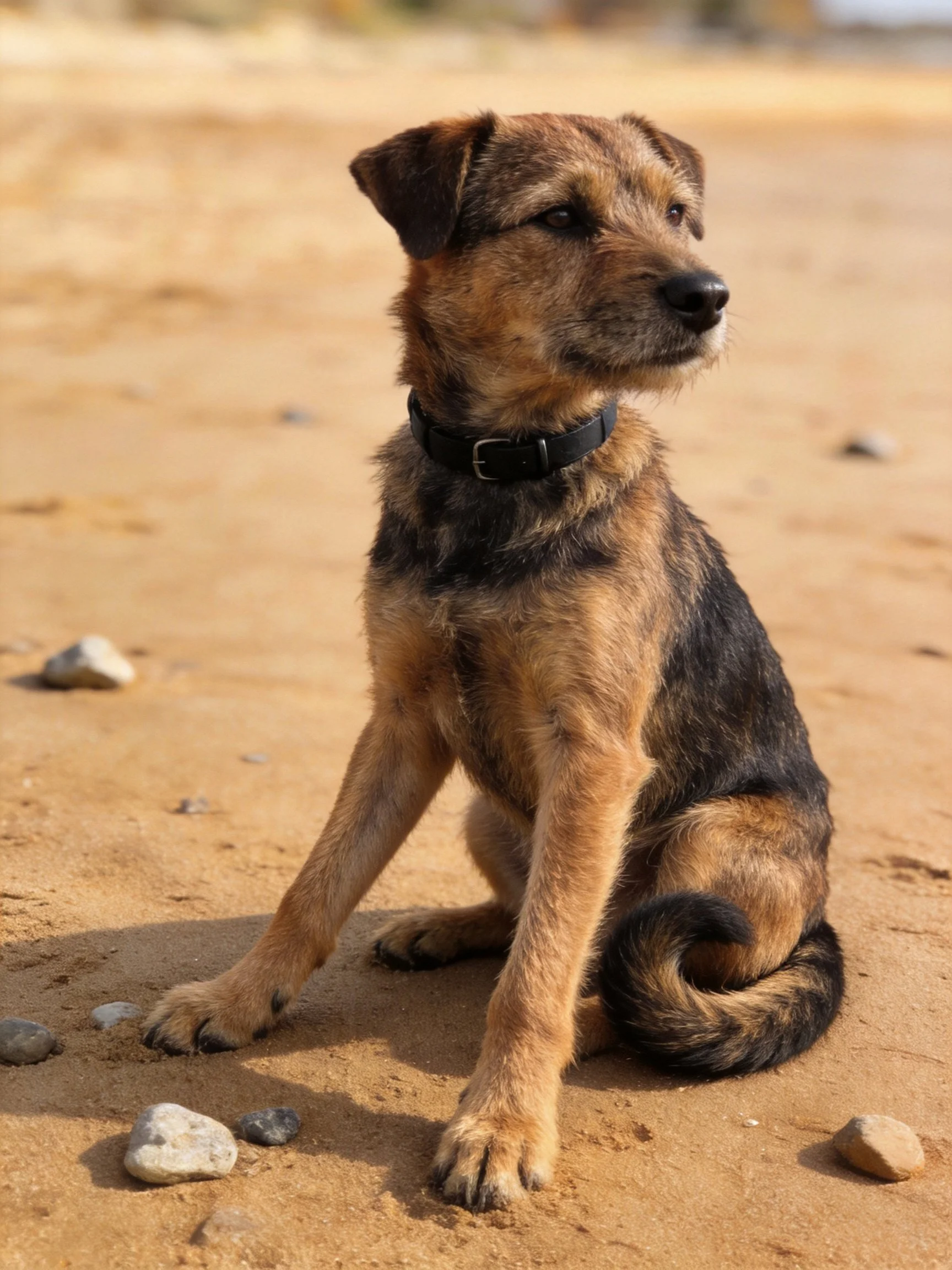 A brown and black dog sits calmly on sandy ground among small rocks.