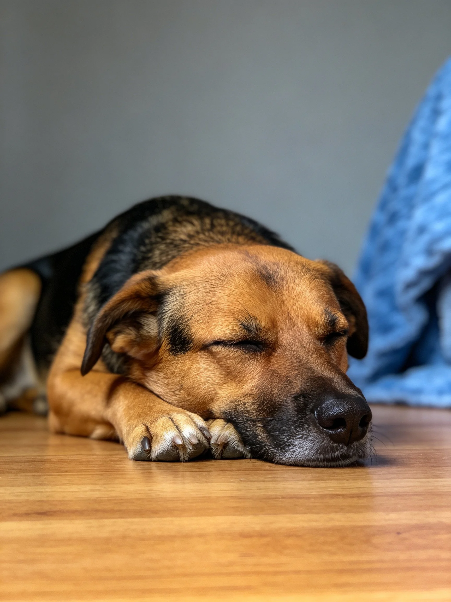 A brown and black dog sleeps on a wooden floor near a blue blanket