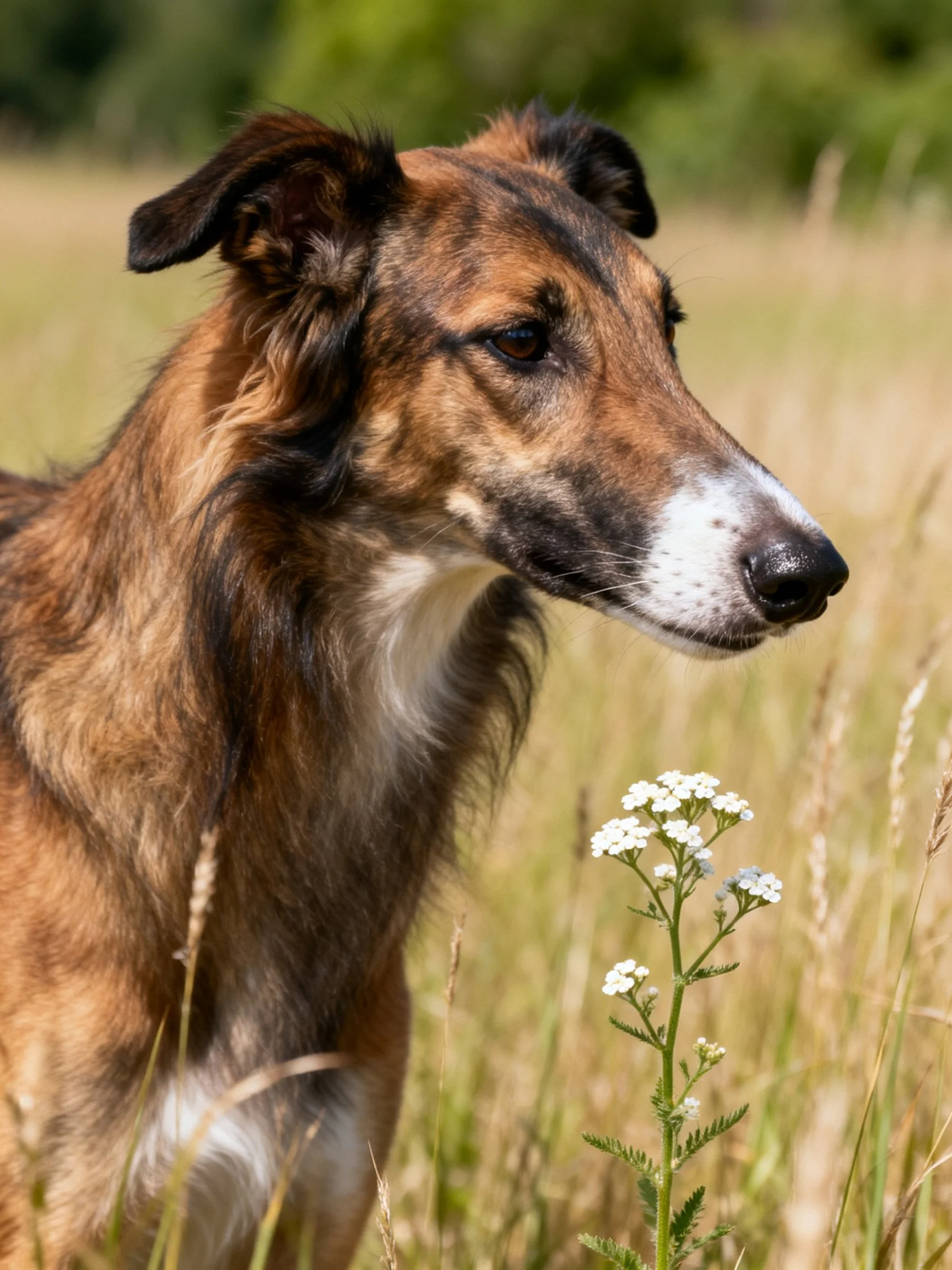 A brown dog with white markings stands near white flowers in tall grass.