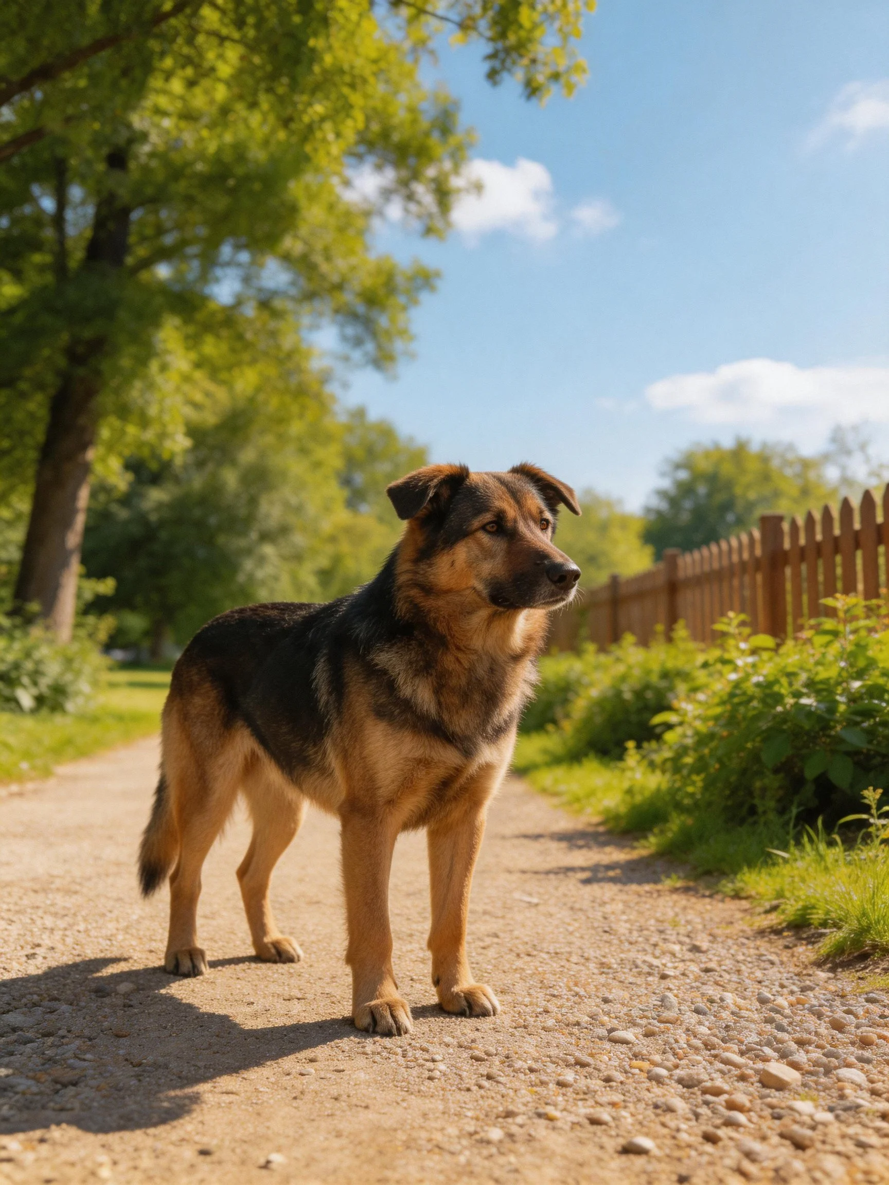 A dog stands on a gravel path in a sunny, green outdoor setting.