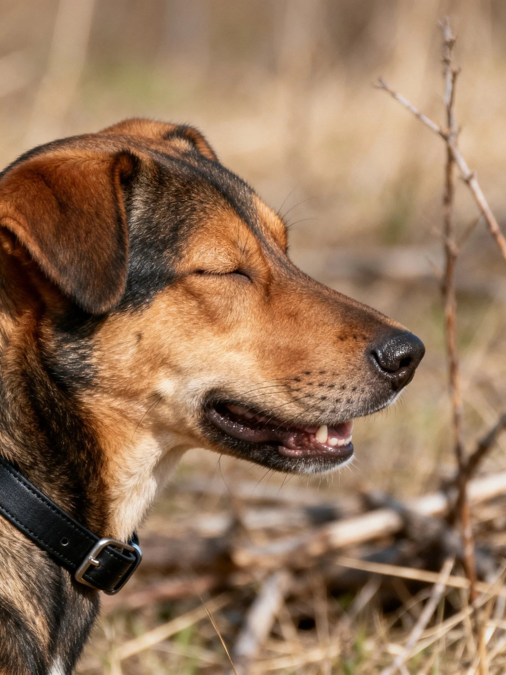 A brown and black dog with a black collar in a dry, natural setting
