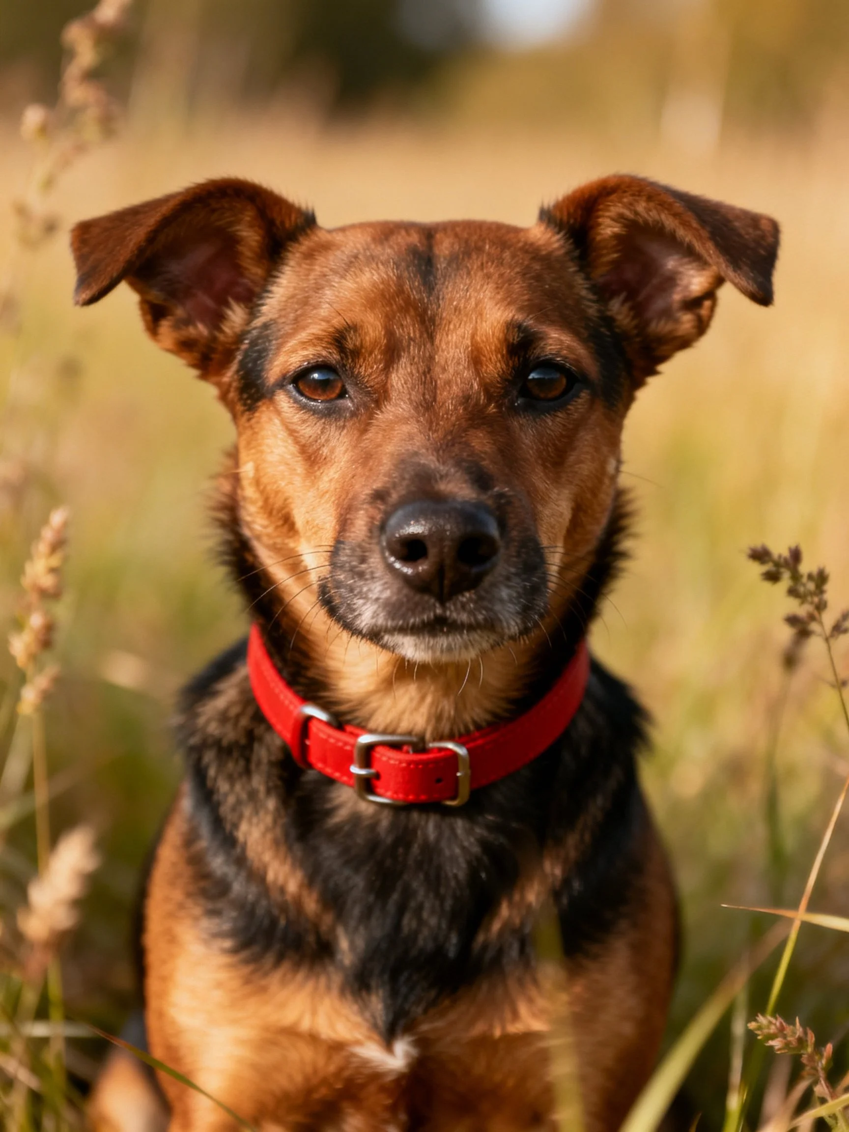 A brown and black dog with a red collar sits amid tall grass.