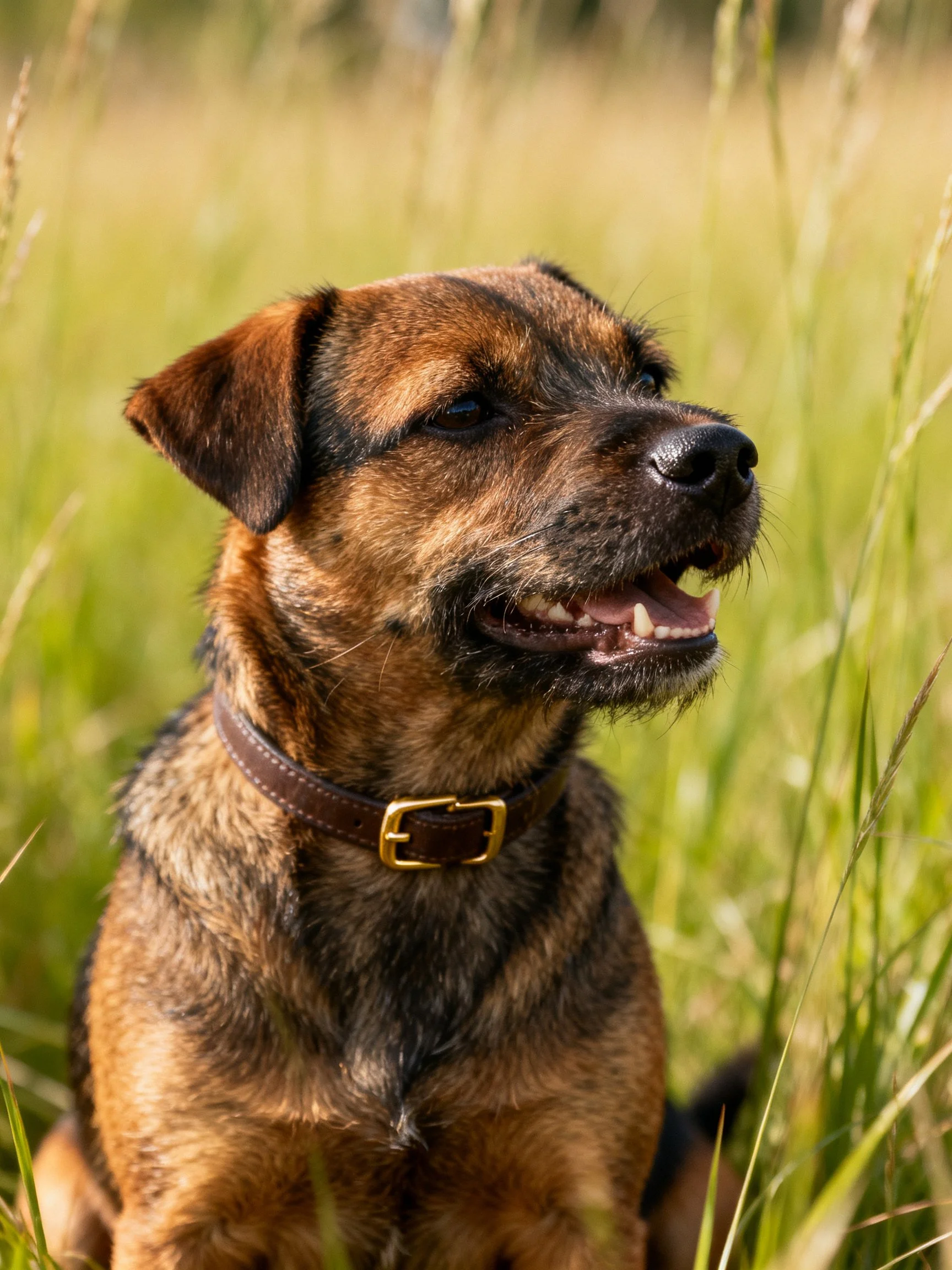 A brown and black dog with a leather collar relaxes in a field of tall green grass.