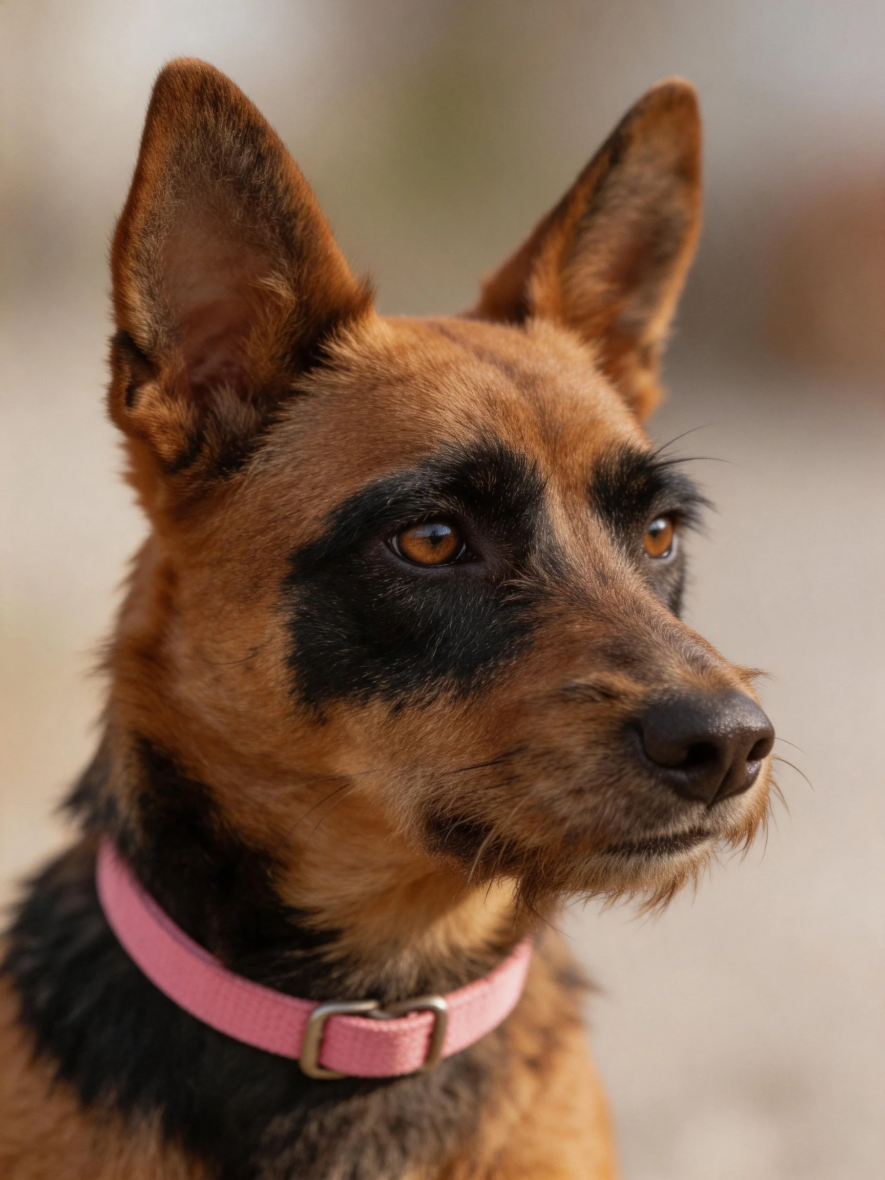 A brown and black dog with a pink collar appears attentive.