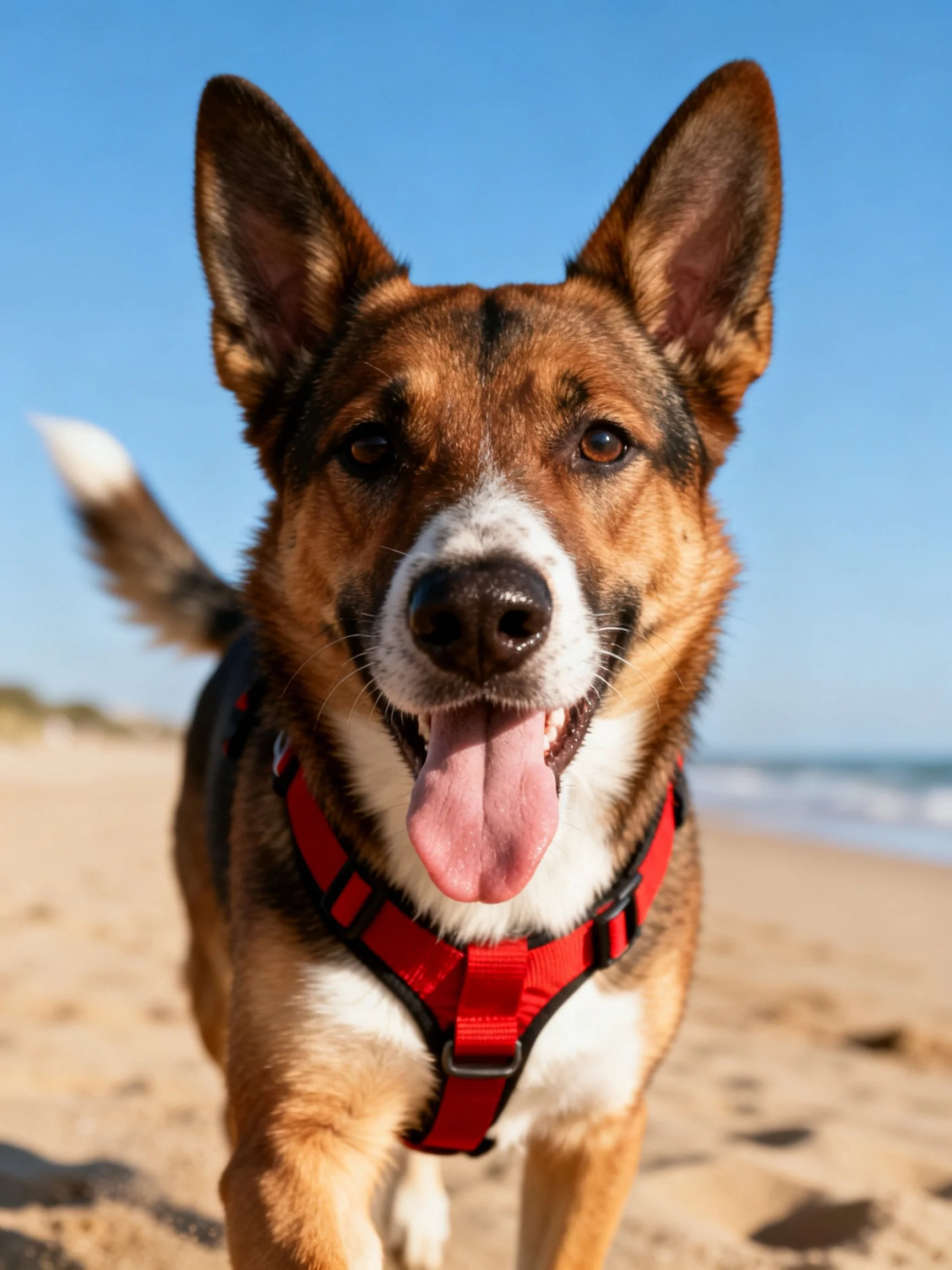 A cheerful dog in a red harness runs along a sunny beach shoreline.