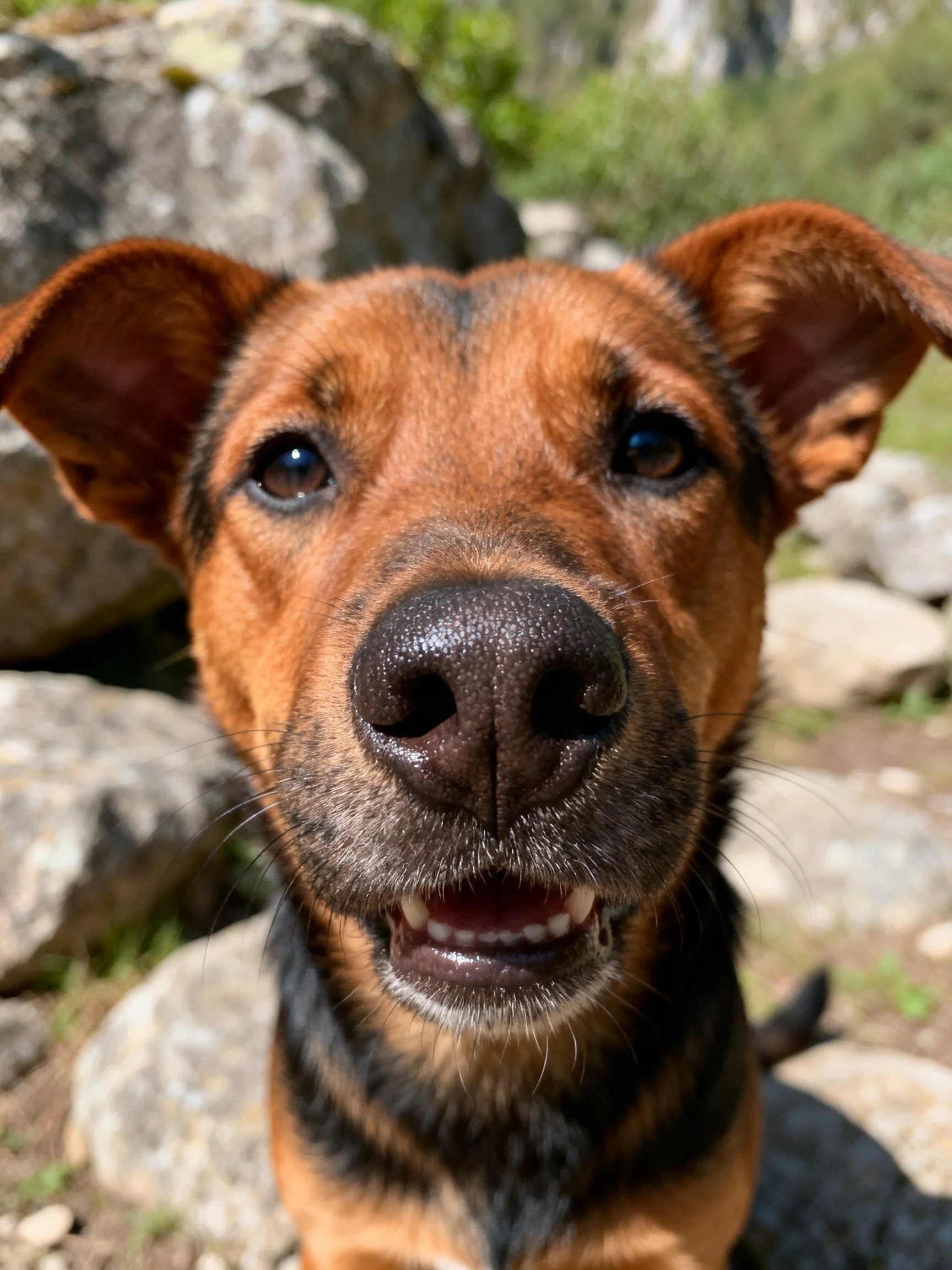 A brown and black dog with upright ears near rocky landscape